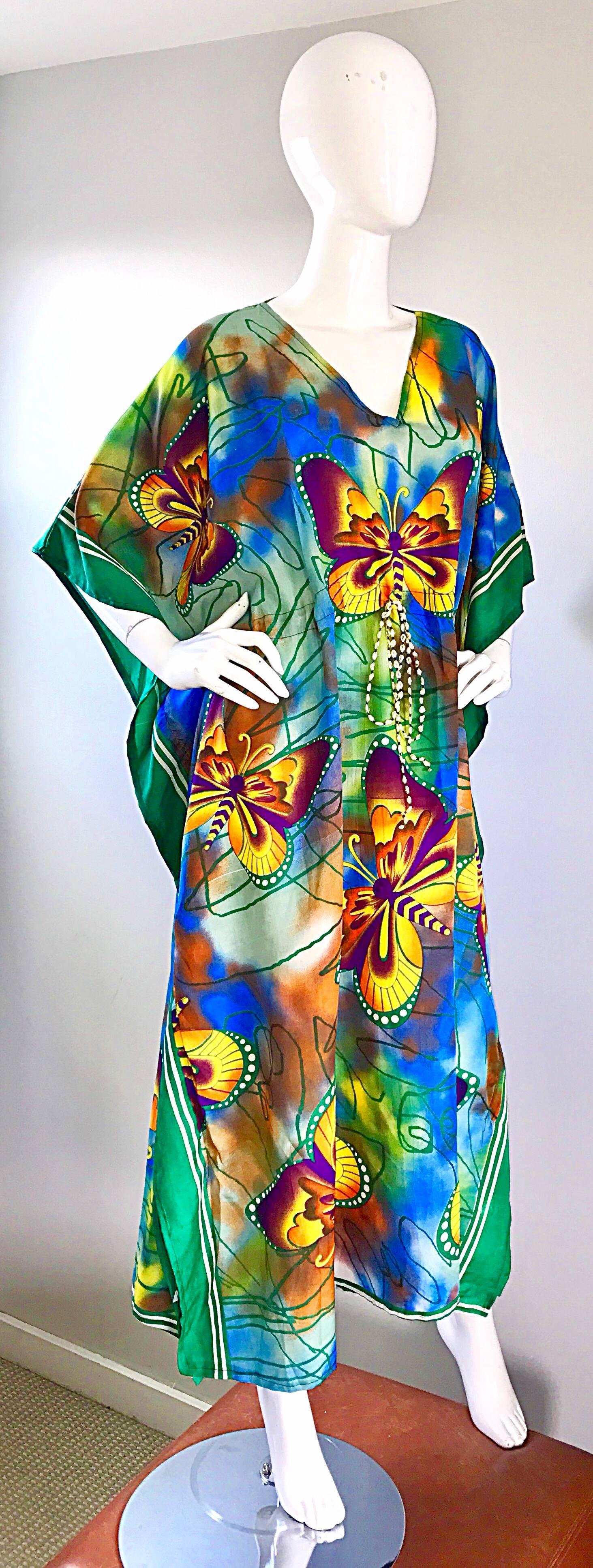 Women's Amazing 1970s Butterfly Print Bright Colored Belted Vintage 70s Caftan Dress 