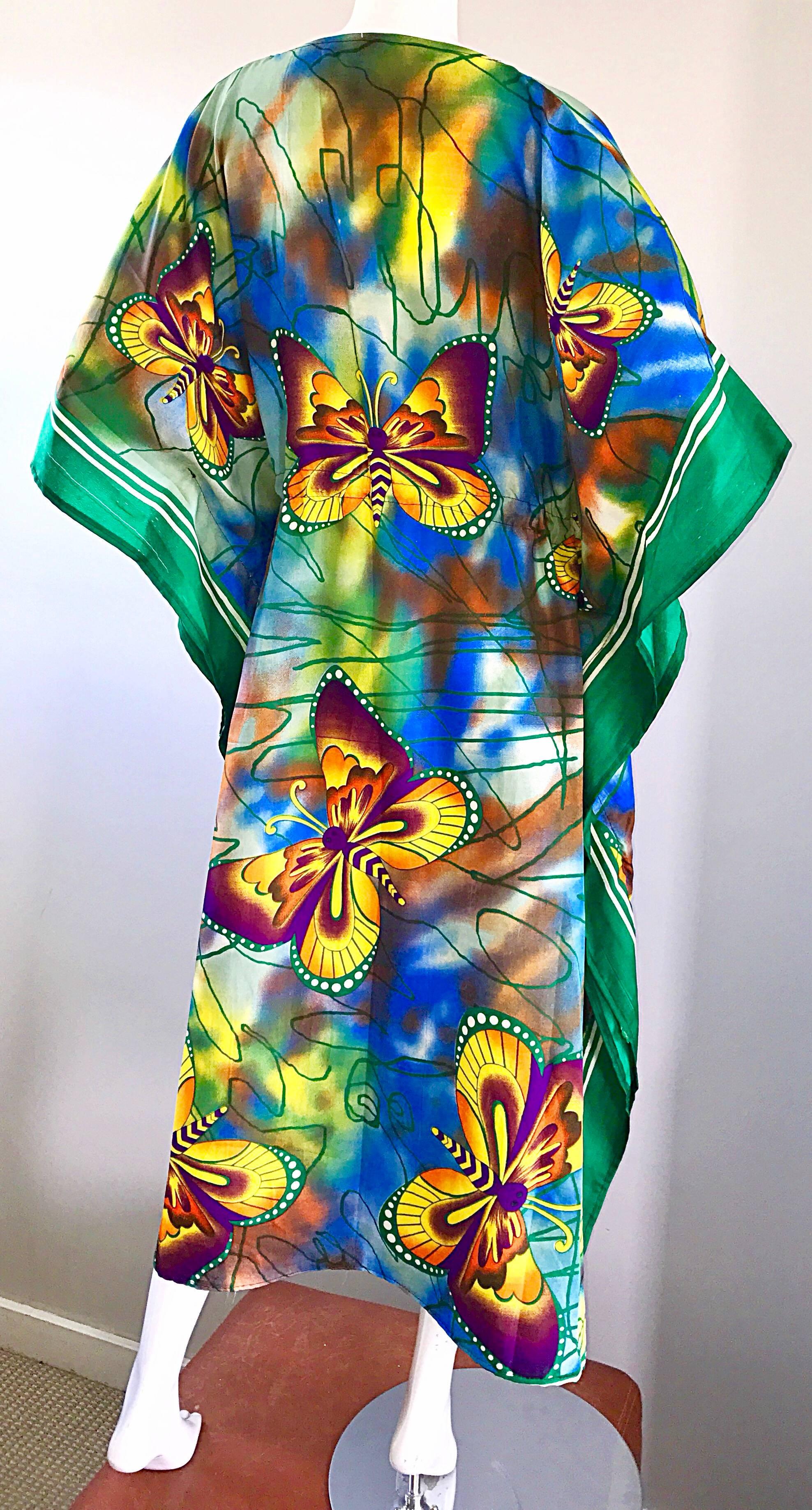 Amazing 1970s Butterfly Print Bright Colored Belted Vintage 70s Caftan Dress  1