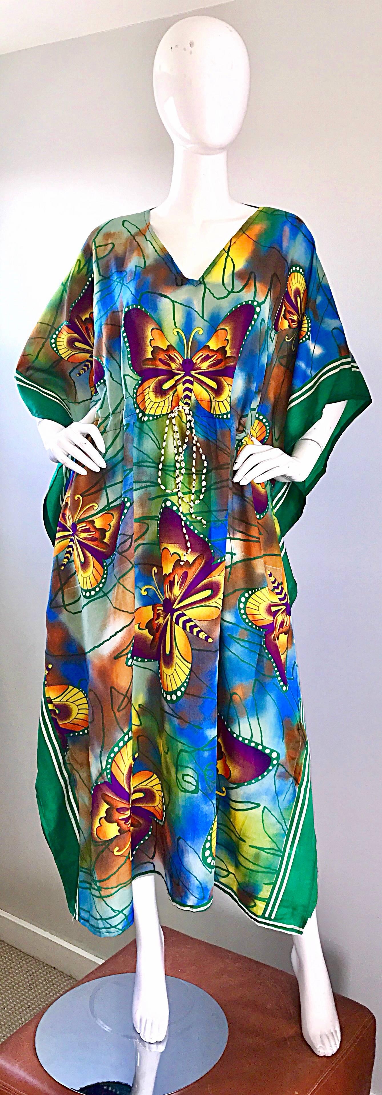 Amazing 1970s Butterfly Print Bright Colored Belted Vintage 70s Caftan Dress  2