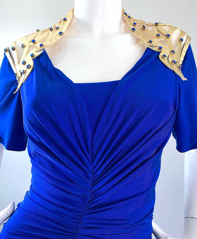 Incredible Vintage Royal Blue Jersey + Gold Leather Beaded Grecian ...