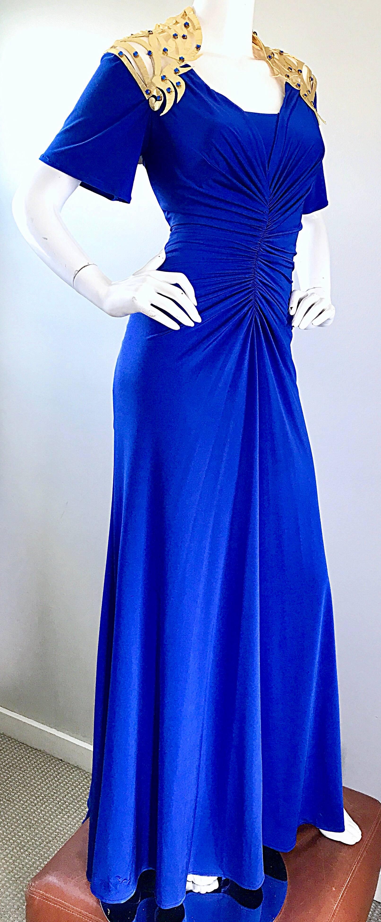 Purple Incredible Vintage Royal Blue Jersey + Gold Leather Beaded Grecian Evening Gown