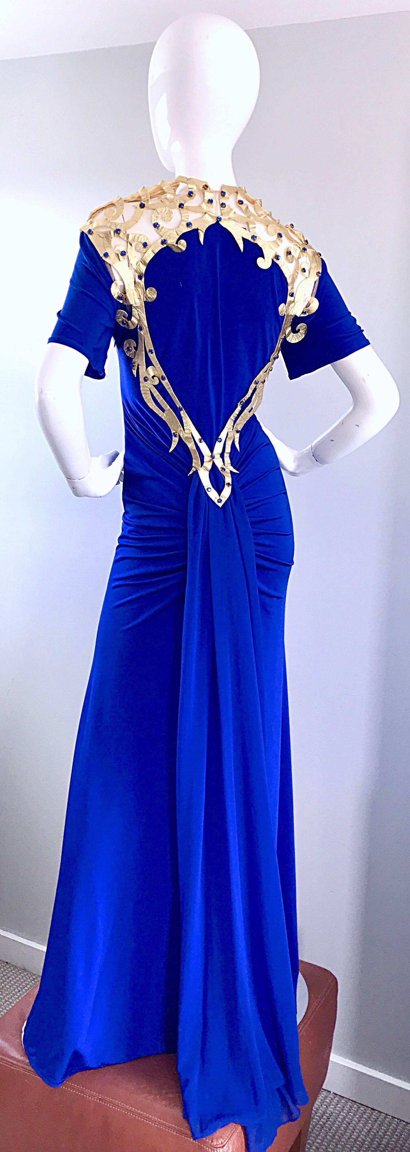 Incredible Vintage Royal Blue Jersey + Gold Leather Beaded Grecian Evening Gown In Excellent Condition In San Diego, CA