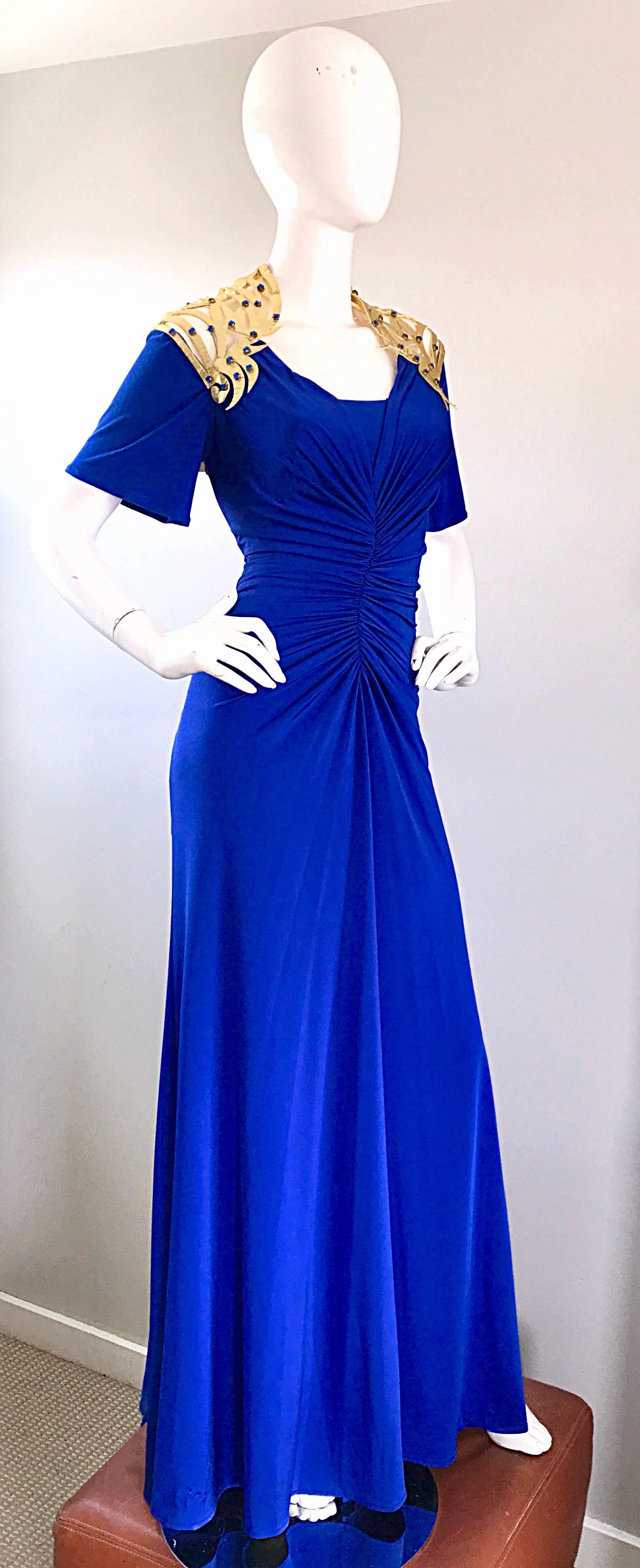 Women's Incredible Vintage Royal Blue Jersey + Gold Leather Beaded Grecian Evening Gown