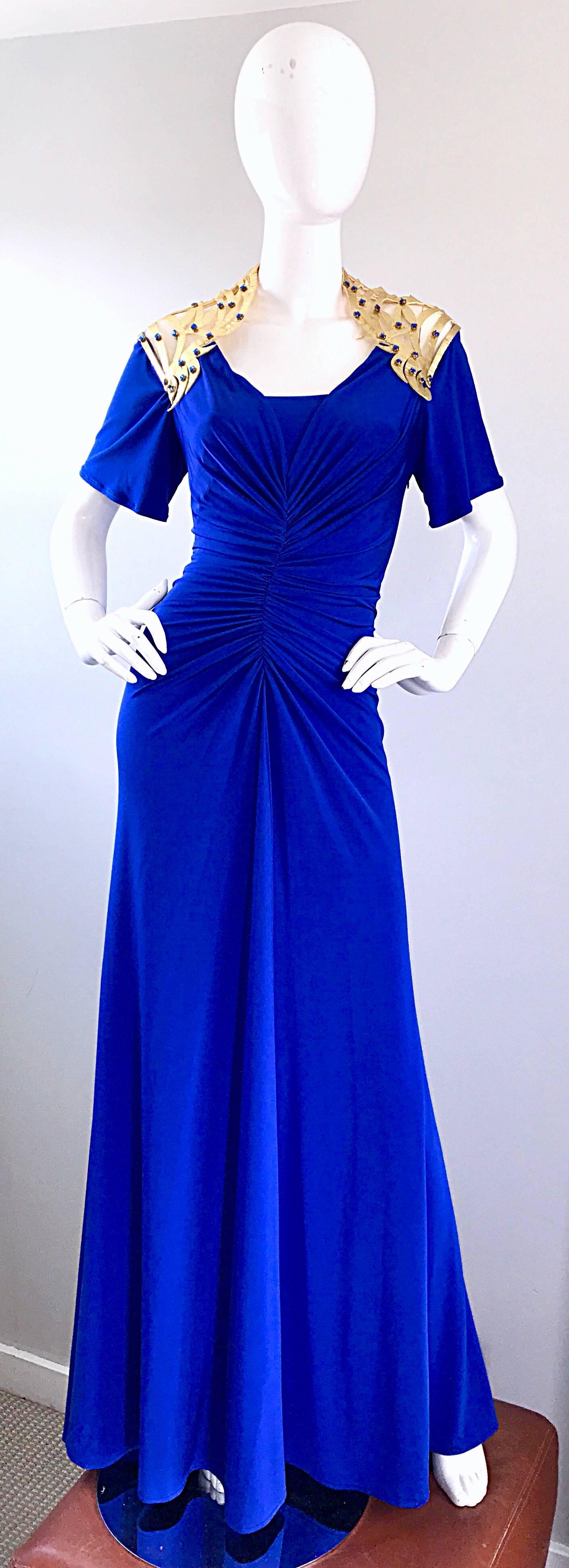 Incredible Vintage Royal Blue Jersey + Gold Leather Beaded Grecian Evening Gown 1