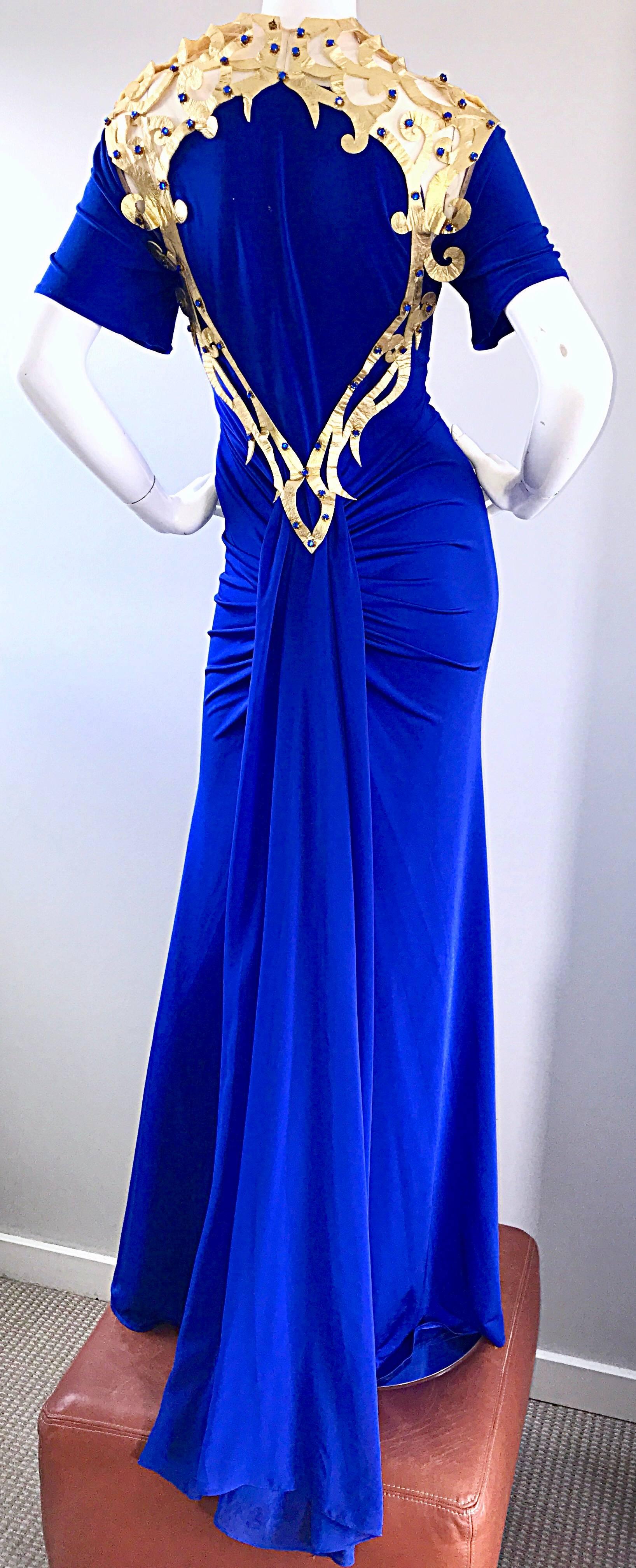 Incredible Vintage Royal Blue Jersey + Gold Leather Beaded Grecian Evening Gown 2