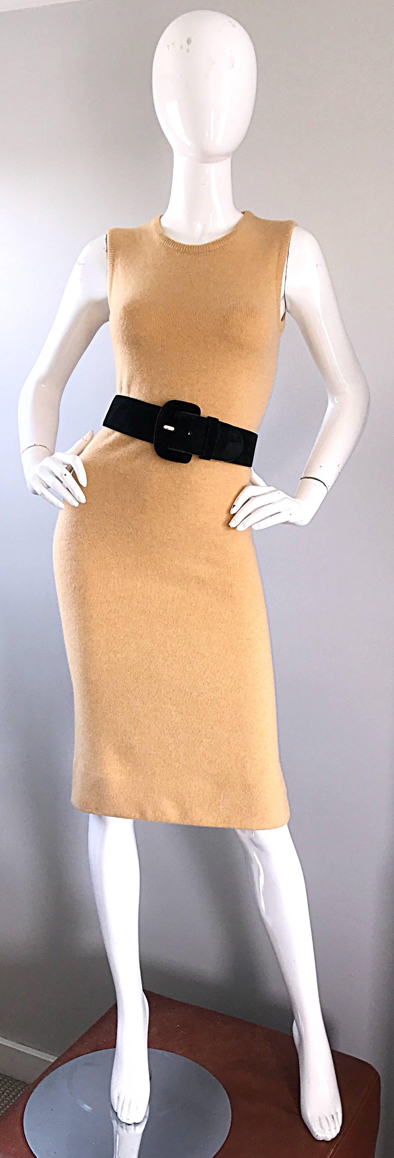 Brown Vintage Halston Cashmere Camel Tan 1970s Sleeveless 70s Sweater Dress