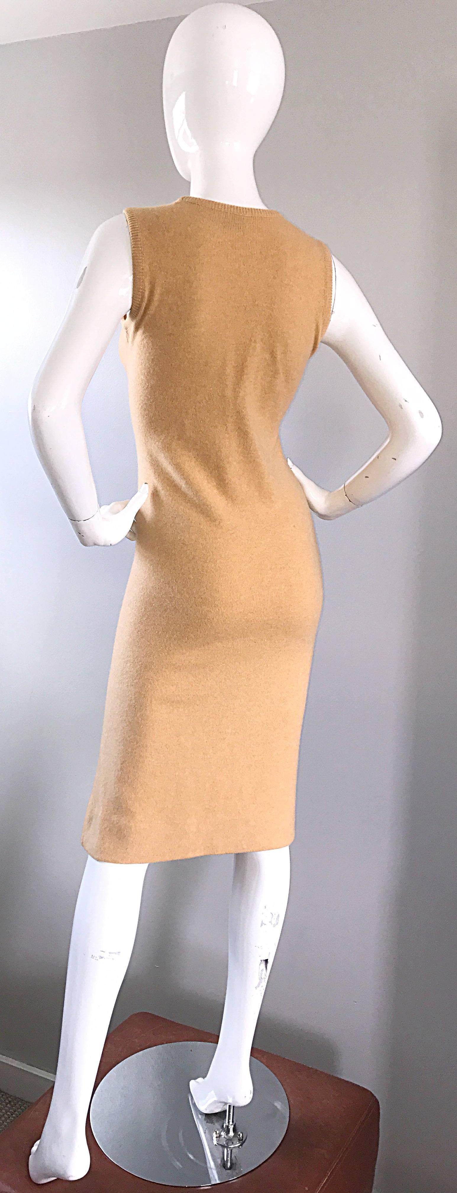 Vintage Halston Cashmere Camel Tan 1970s Sleeveless 70s Sweater Dress In Excellent Condition In San Diego, CA