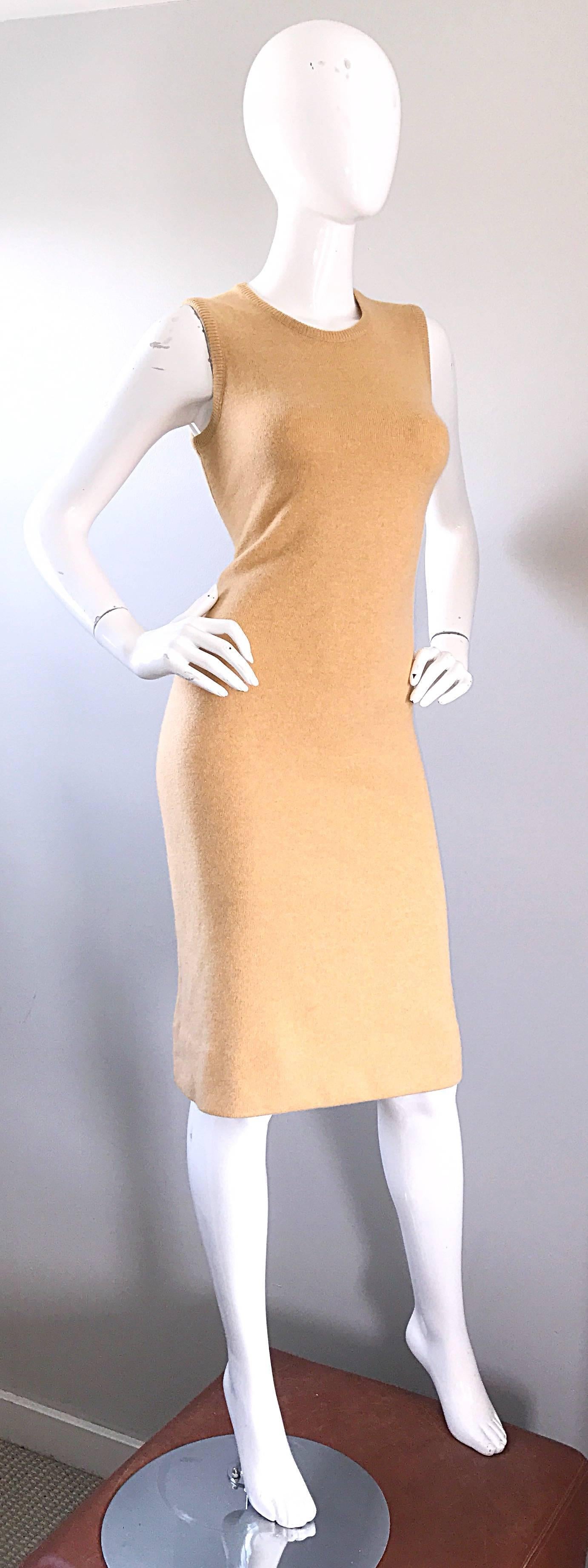 Women's Vintage Halston Cashmere Camel Tan 1970s Sleeveless 70s Sweater Dress
