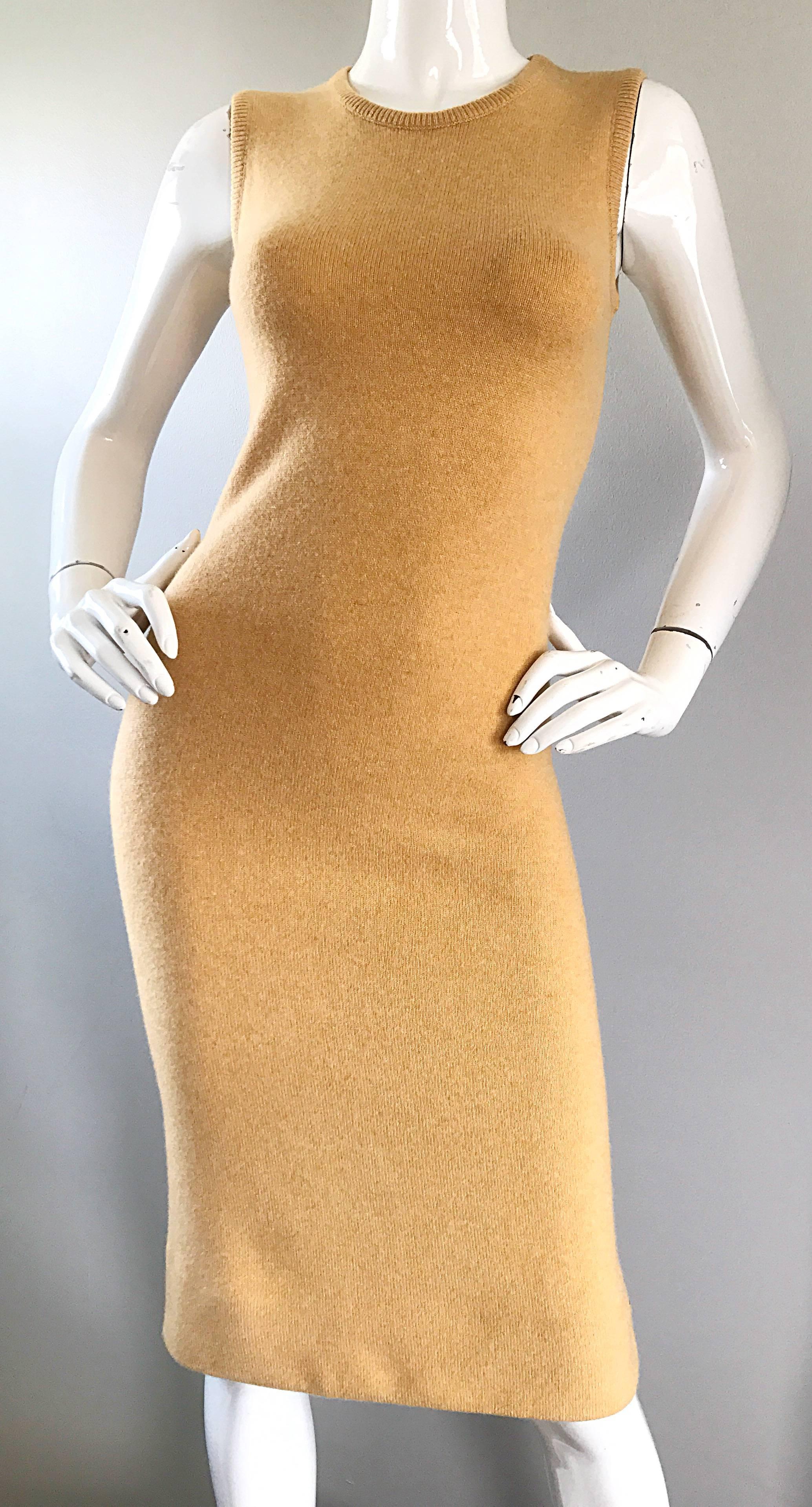 Vintage Halston Cashmere Camel Tan 1970s Sleeveless 70s Sweater Dress 1
