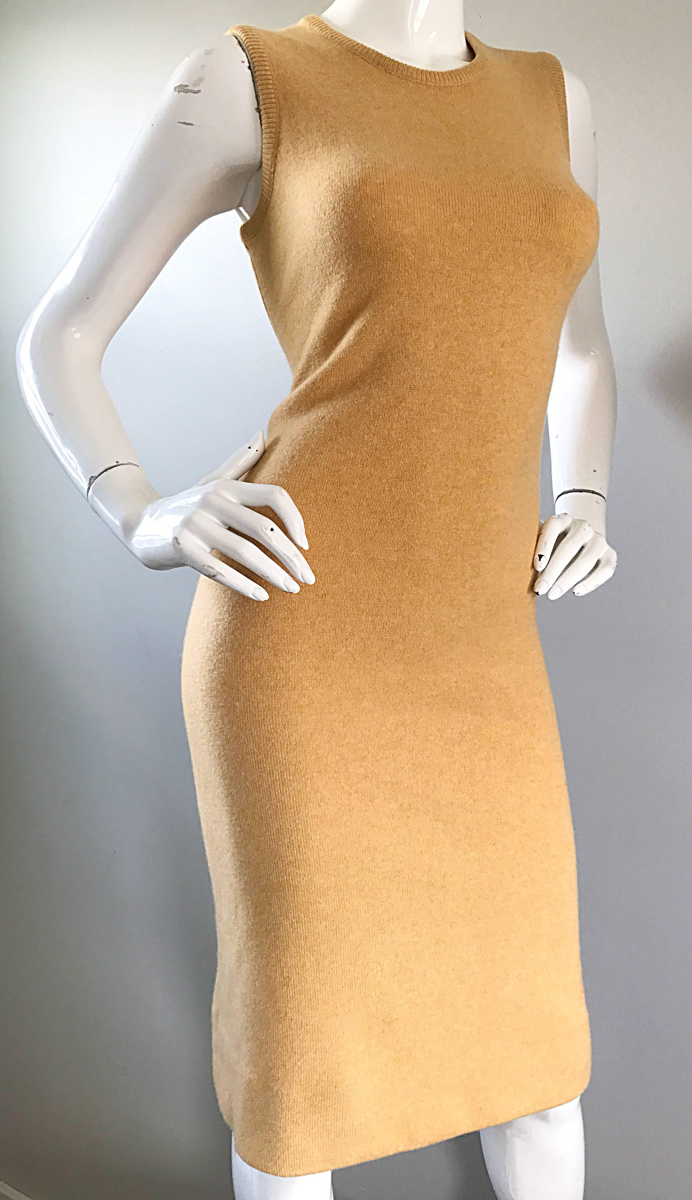 Vintage Halston Cashmere Camel Tan 1970s Sleeveless 70s Sweater Dress 2