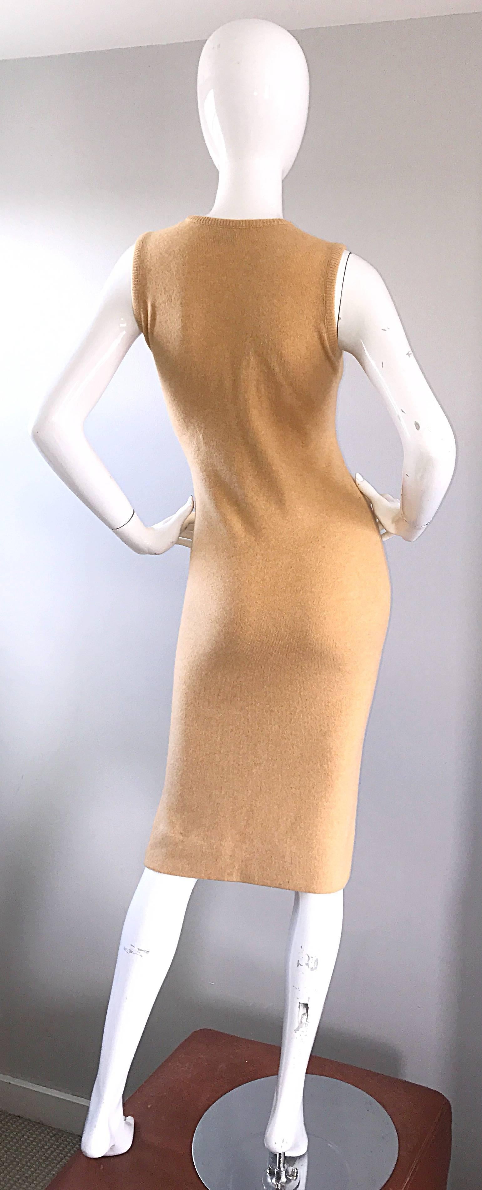 Vintage Halston Cashmere Camel Tan 1970s Sleeveless 70s Sweater Dress 3