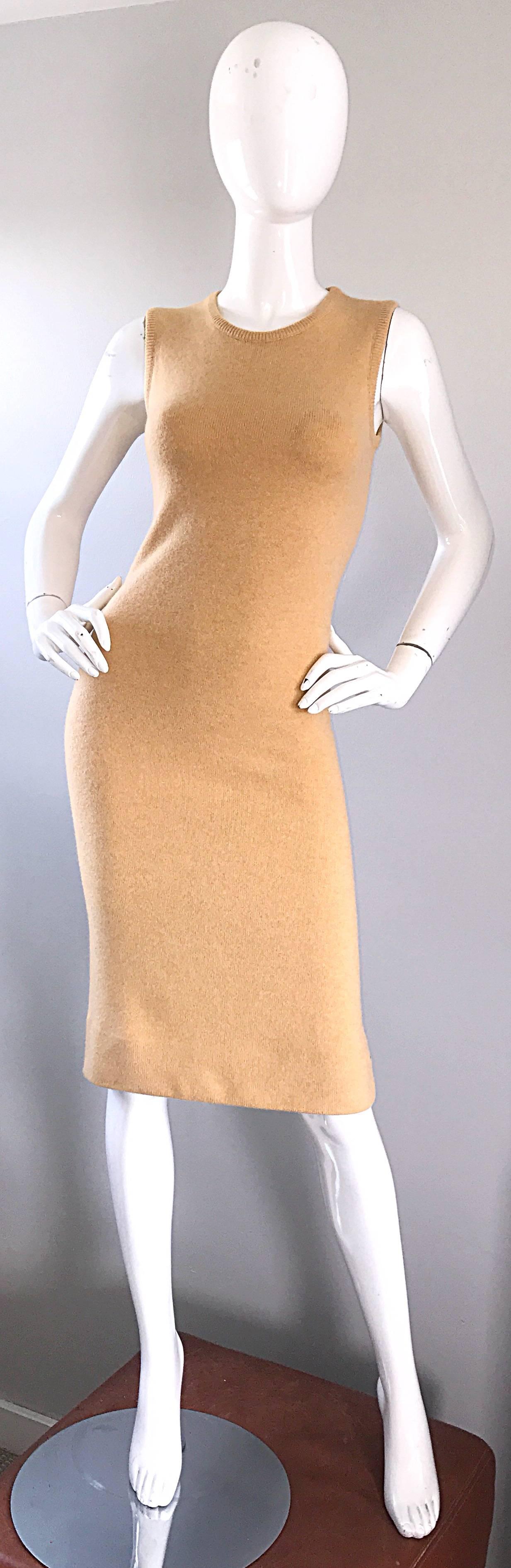 Vintage Halston Cashmere Camel Tan 1970s Sleeveless 70s Sweater Dress 4