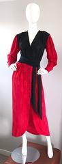 Emanuel Ungaro Vintage Red + Black Color Block 1990s Long Sleeve 90s Silk Dress