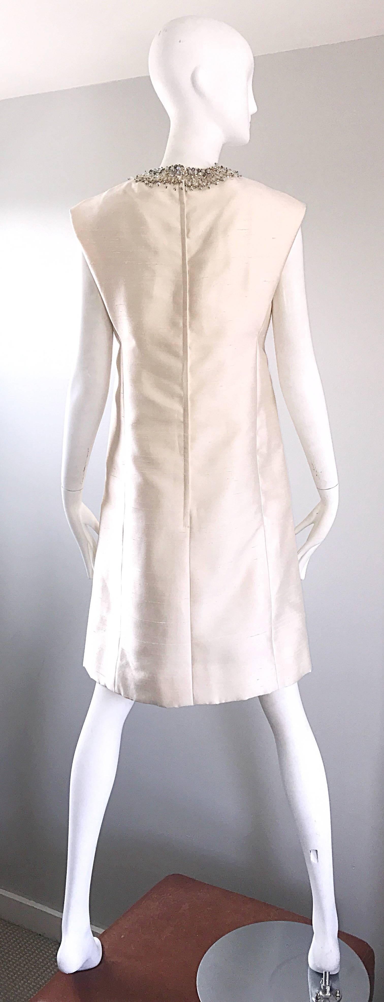 Beige Chic 1960s Bonwit Teller Demi Couture Ivory Silk Shantung Beaded A Line Dress