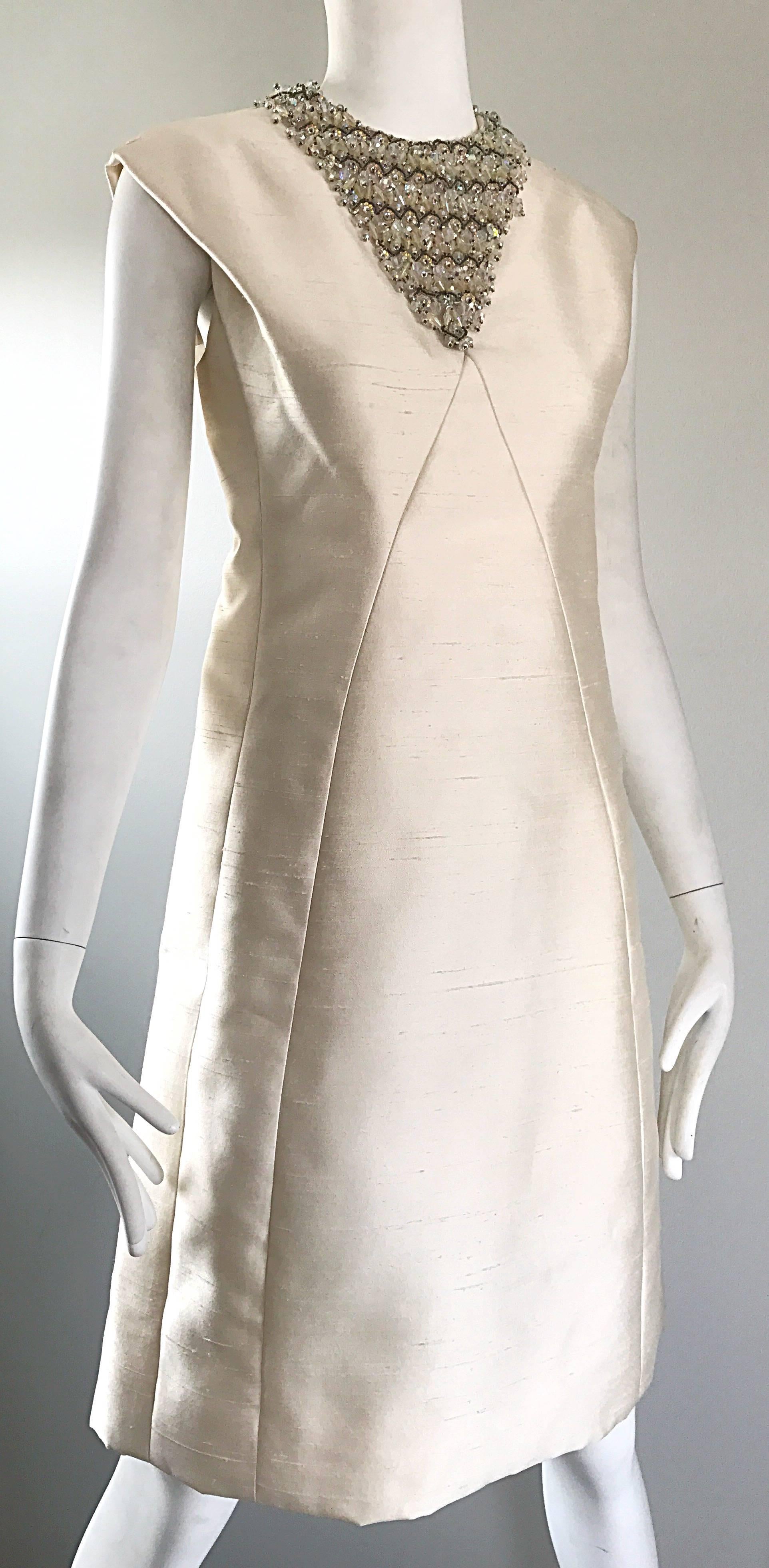 Chic 1960s Bonwit Teller Demi Couture Ivory Silk Shantung Beaded A Line Dress In Excellent Condition In San Diego, CA