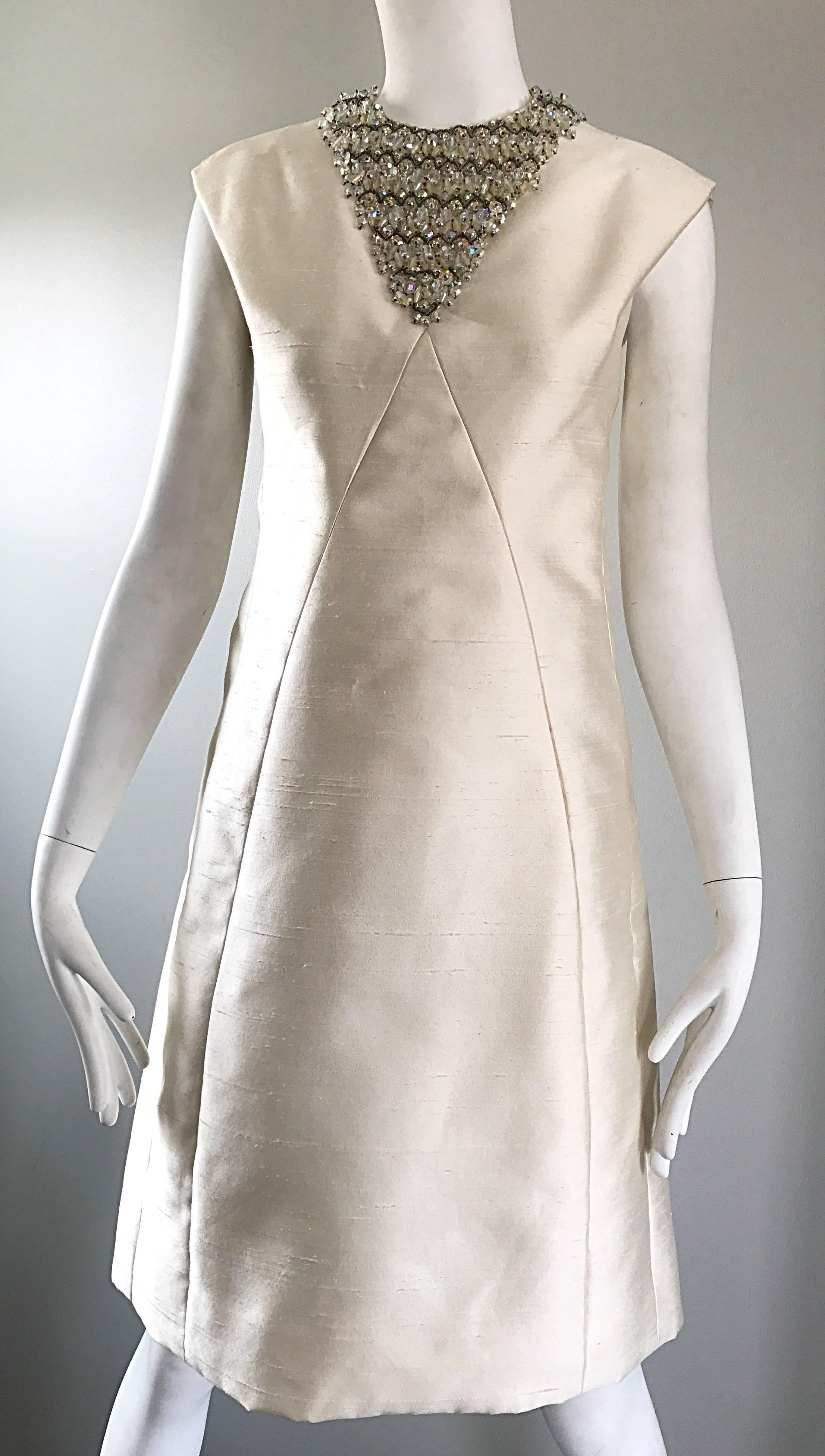 Women's Chic 1960s Bonwit Teller Demi Couture Ivory Silk Shantung Beaded A Line Dress