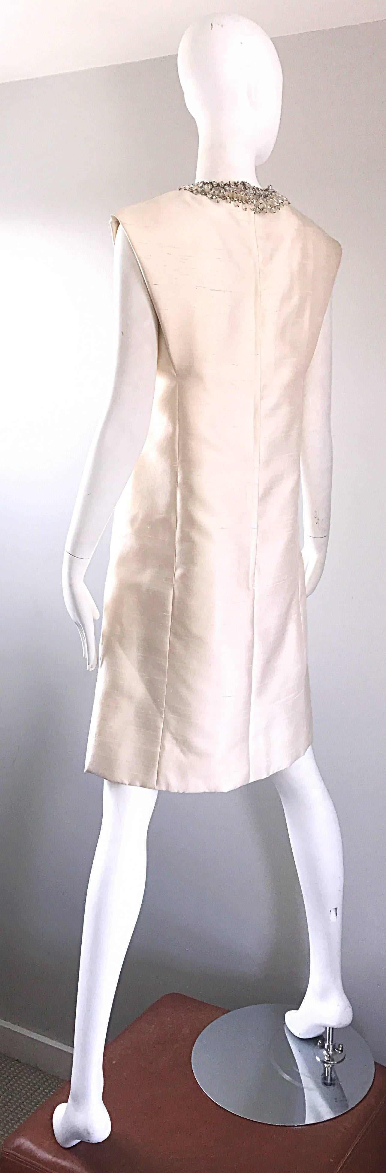 Chic 1960s Bonwit Teller Demi Couture Ivory Silk Shantung Beaded A Line Dress 1