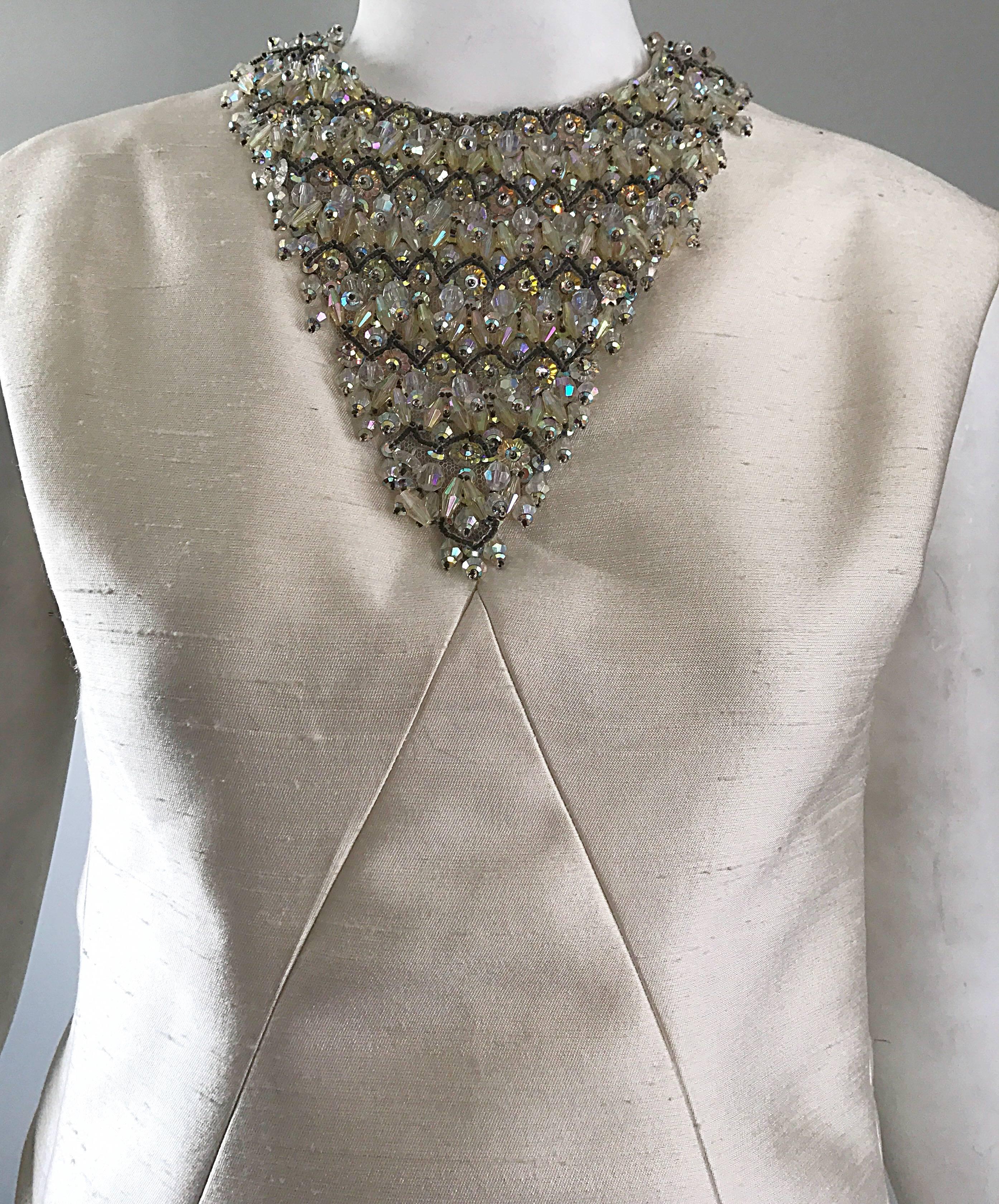 Chic 1960s Bonwit Teller Demi Couture Ivory Silk Shantung Beaded A Line Dress 2