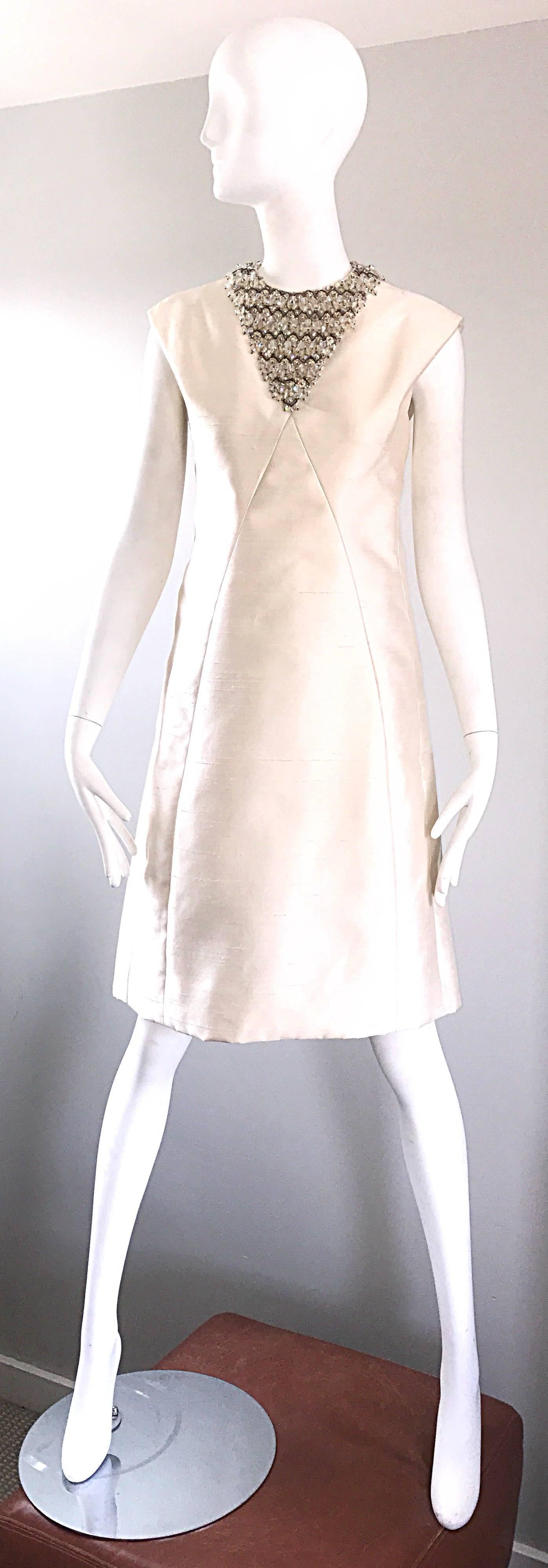 Chic 1960s Bonwit Teller Demi Couture Ivory Silk Shantung Beaded A Line Dress 3