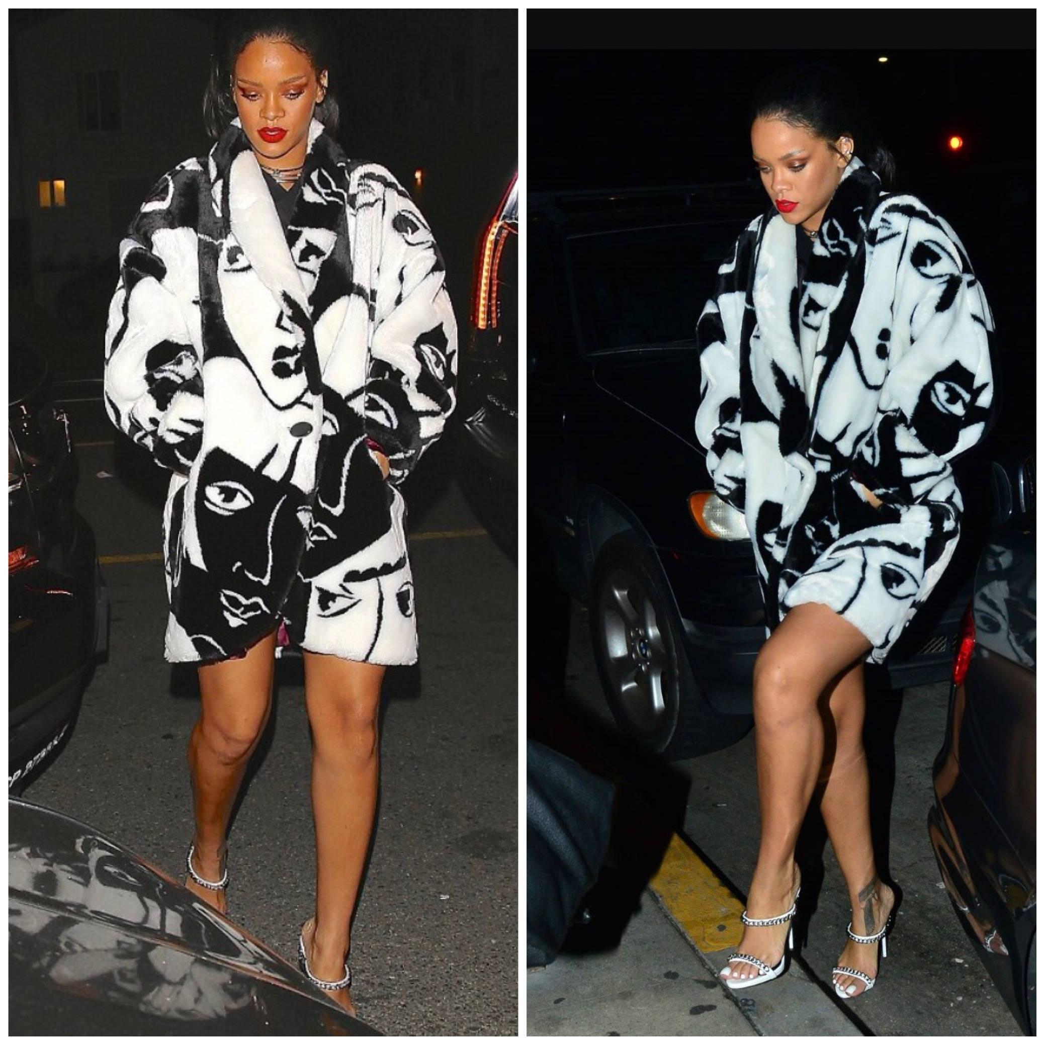 Super rare black and white faux fur Avant Garde face print jacket worn by Rihanna! Features Picasso-Esque mustached man in a bow tie printed throughout. Super soft faux fur feels wonderful against the skin. Shawl collar, with pockets at each side of