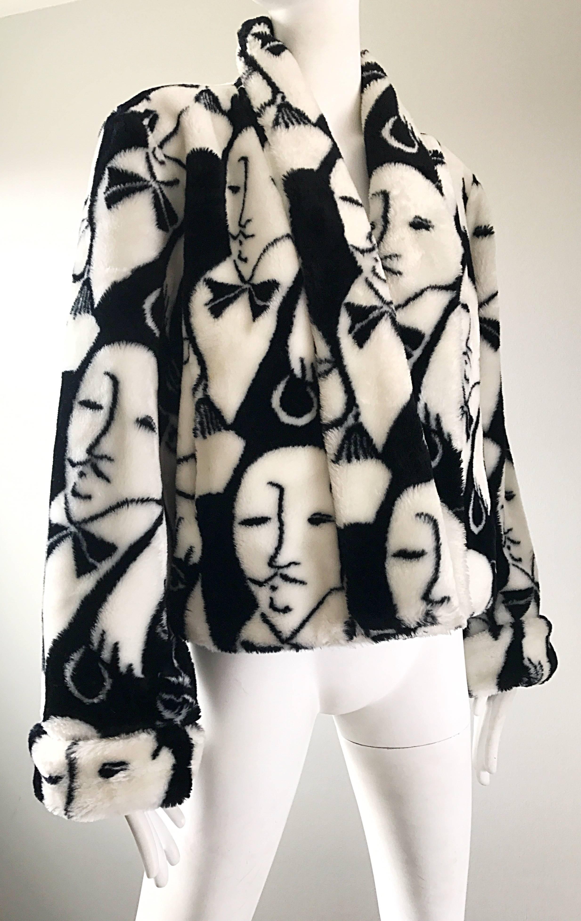Rihanna's Vintage Picasso Esque Black and White Faux Fur Lush Face Jacket Coat   1