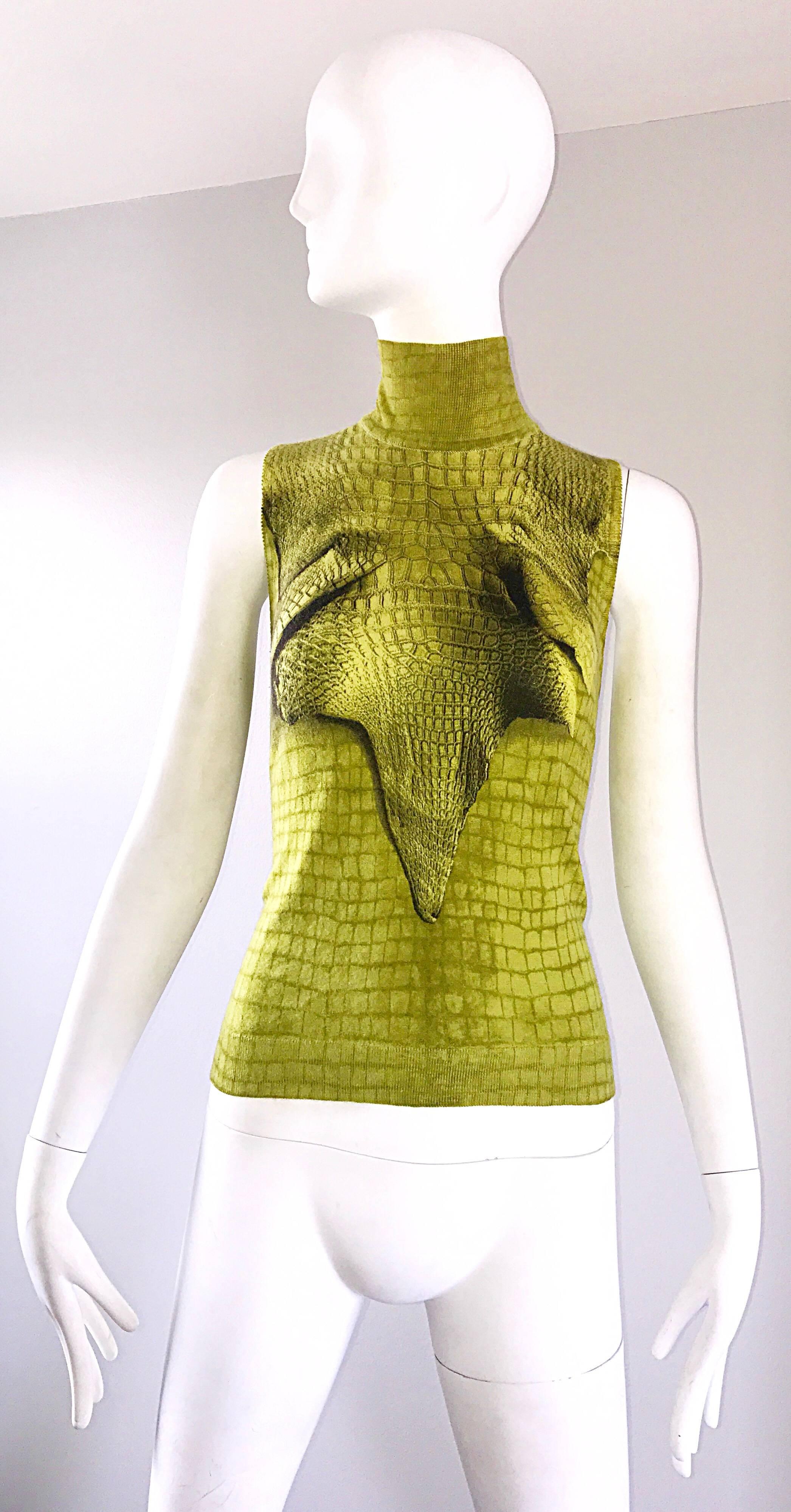 Chic 90s vintage JOHN GALLIANO Tromp L'Oeil alligator / crocodile print sleeveless cashmere turtleneck sweater. Features a chic animal print with an amazing print! Extremely soft and luxurious Italian cashmere. Wonderful fit with heavy attention to