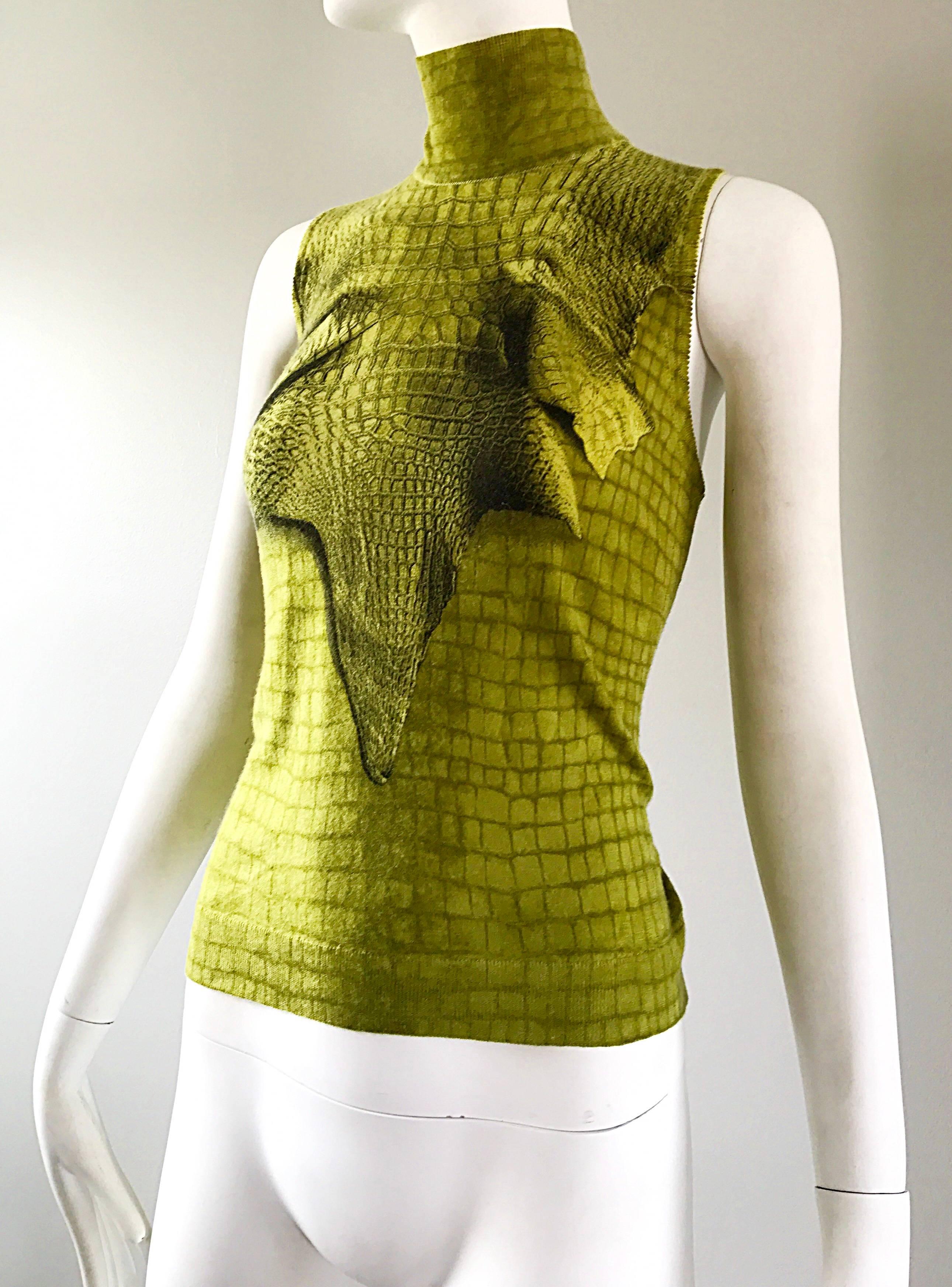 1990s John Galliano Chartreuse Green Cashmere Trompe L'Oeil Turtleneck Sweater In Excellent Condition In San Diego, CA
