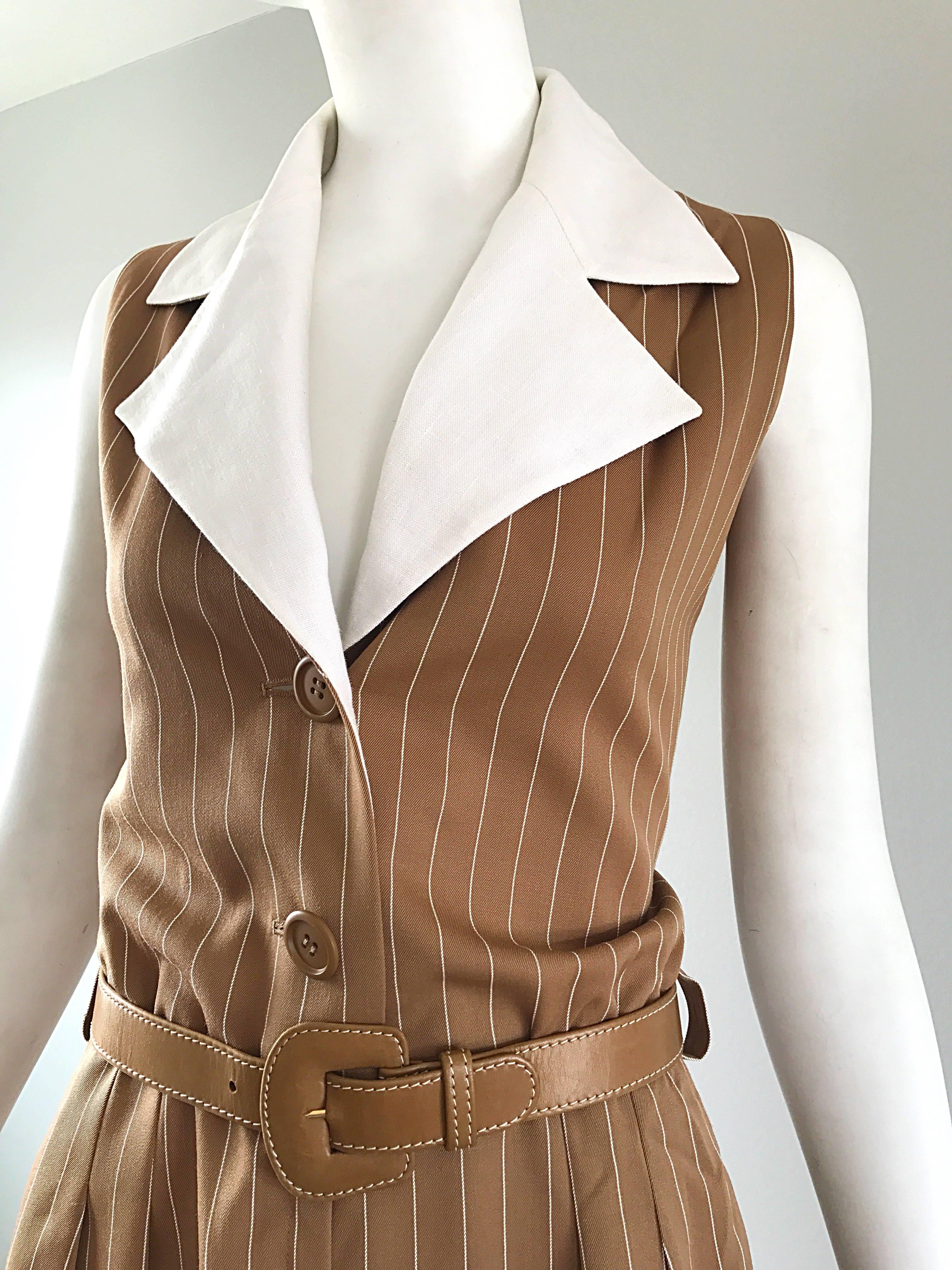 Rare Vintage Givenchy Couture Brown and White Pinstripe 1990s Romper Jumpsuit  In Excellent Condition In San Diego, CA