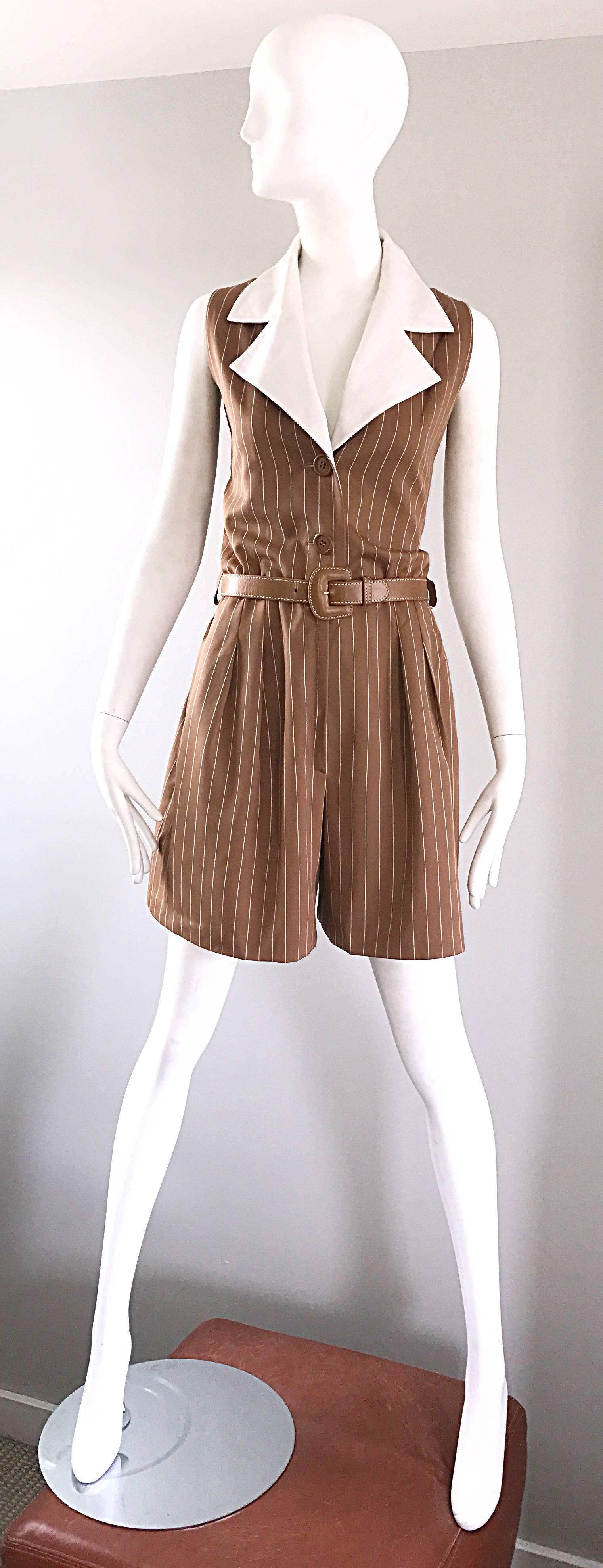 Rare Vintage Givenchy Couture Brown and White Pinstripe 1990s Romper Jumpsuit  5