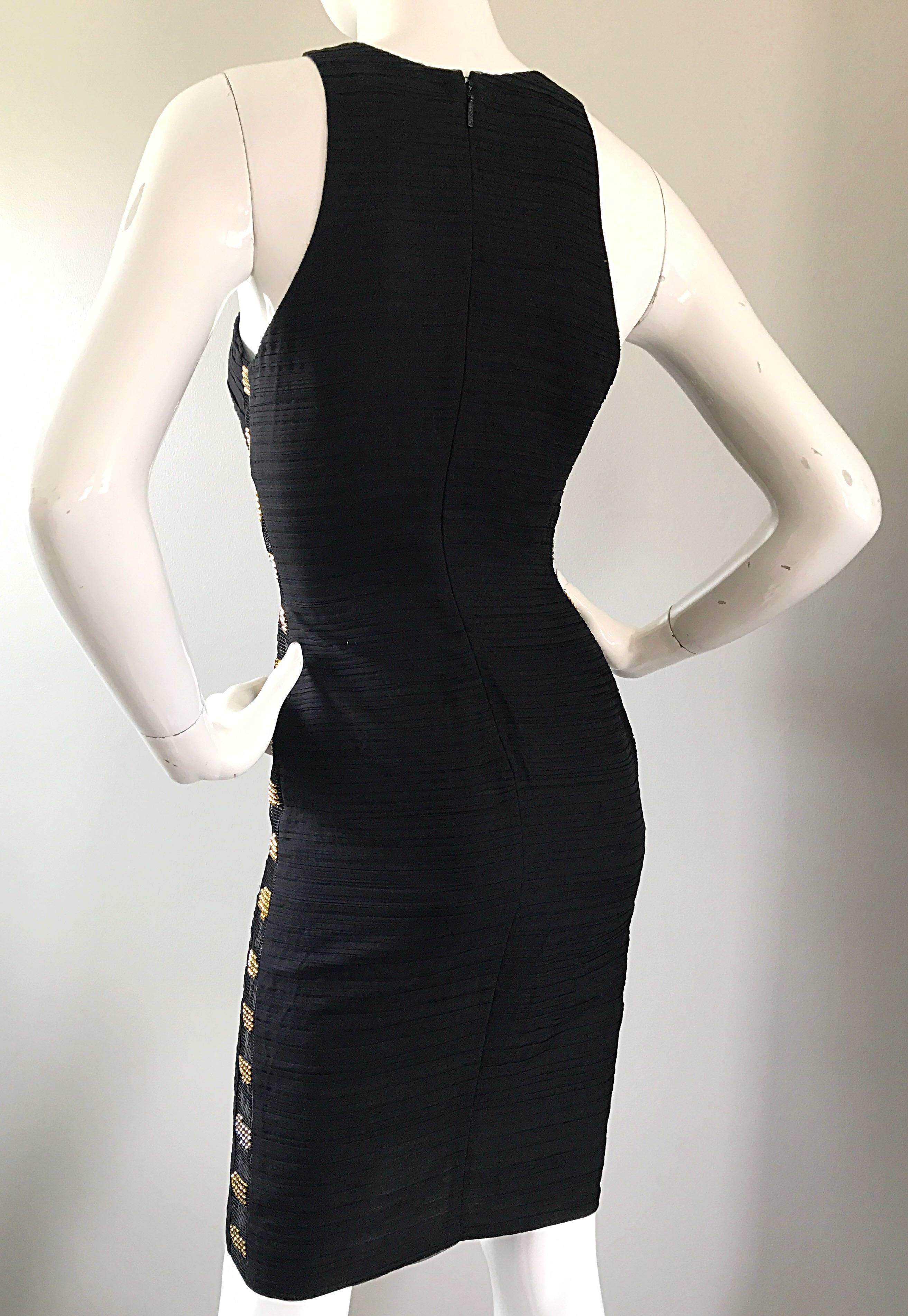 2000s Gianni Versace Black Silk Side Cut Out Rhinestone Bodycon Vintage Dress  For Sale 1
