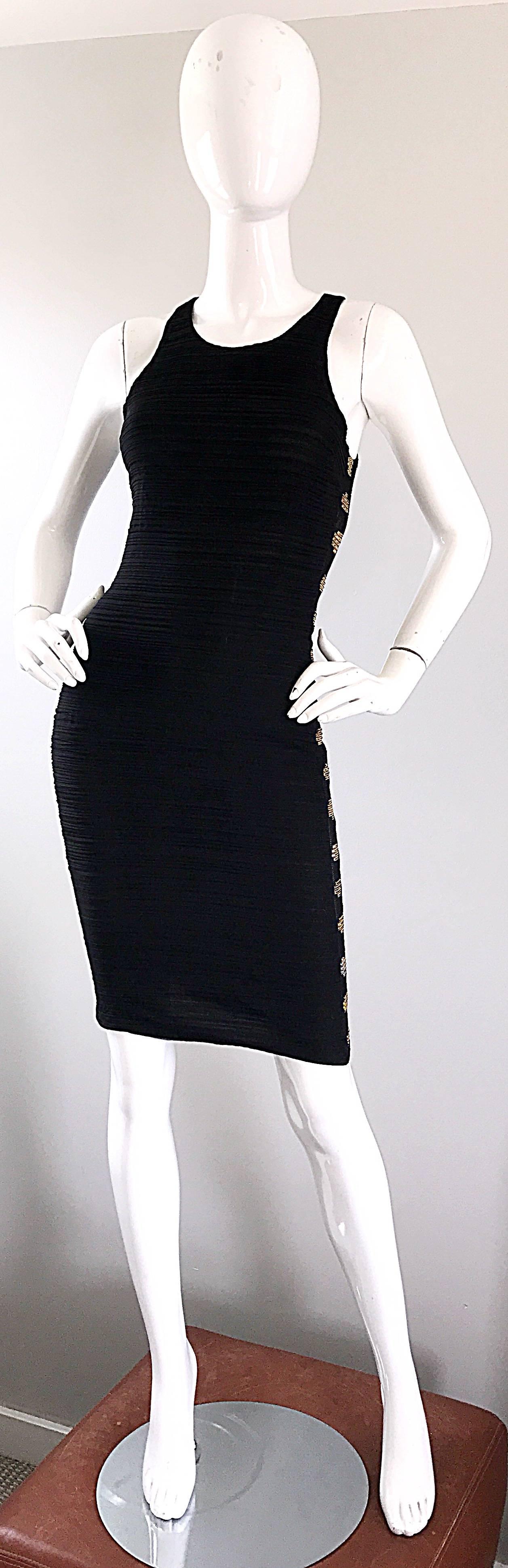 2000s Gianni Versace Black Silk Side Cut Out Rhinestone Bodycon Vintage Dress  For Sale 2