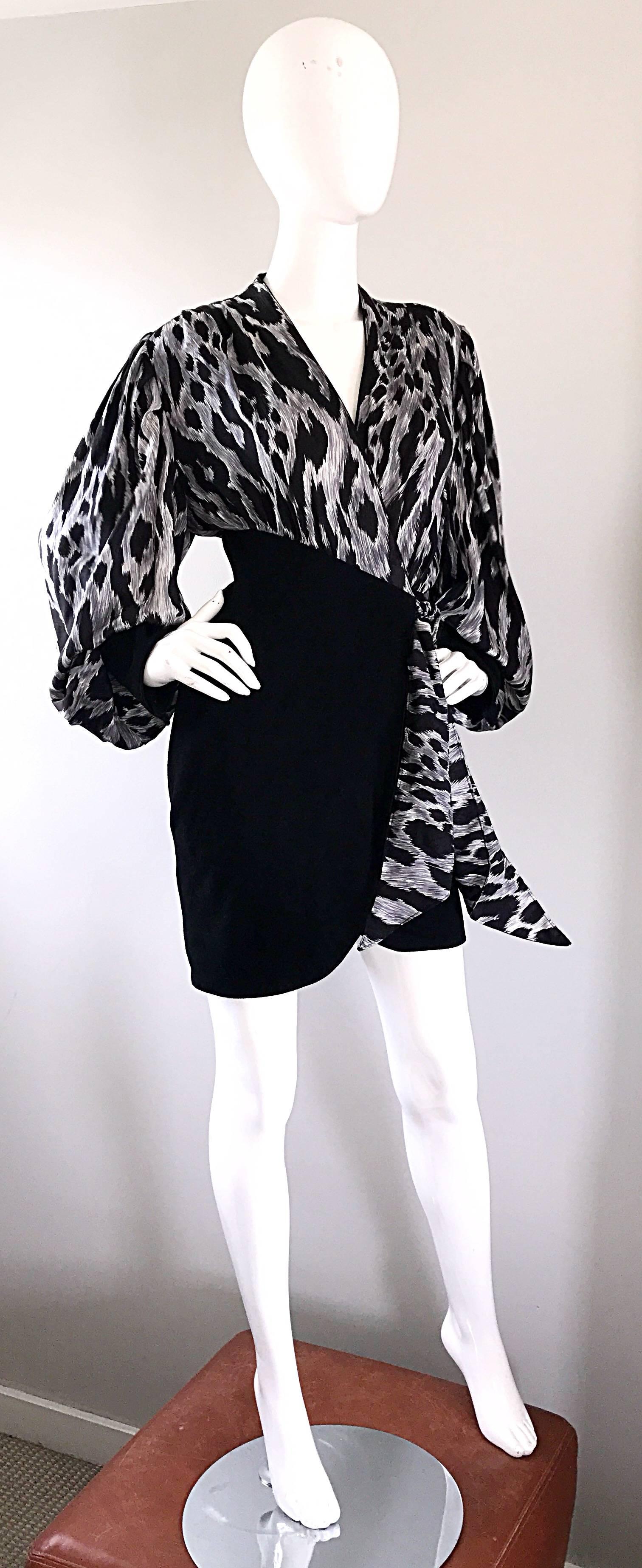 90s Jean Claude Jitrois Black and White Leopard Print Leather + Silk Mini Dress In Excellent Condition For Sale In San Diego, CA