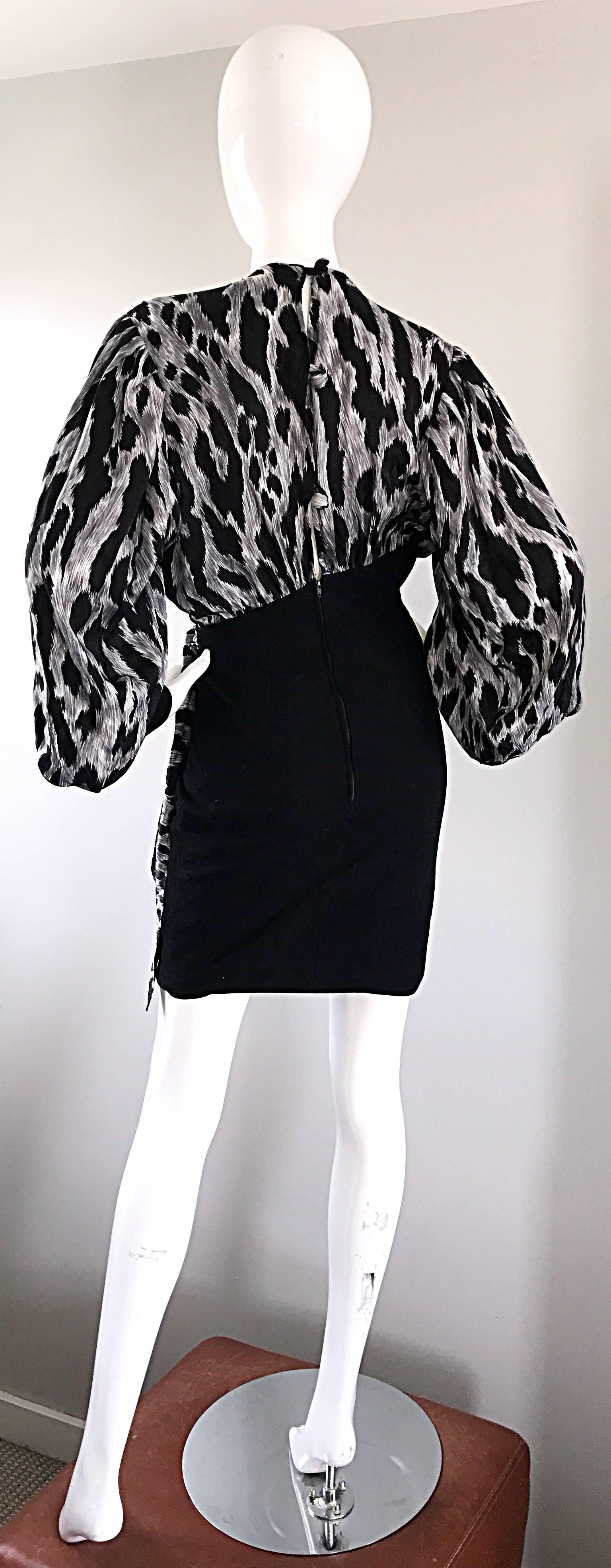 Women's 90s Jean Claude Jitrois Black and White Leopard Print Leather + Silk Mini Dress For Sale