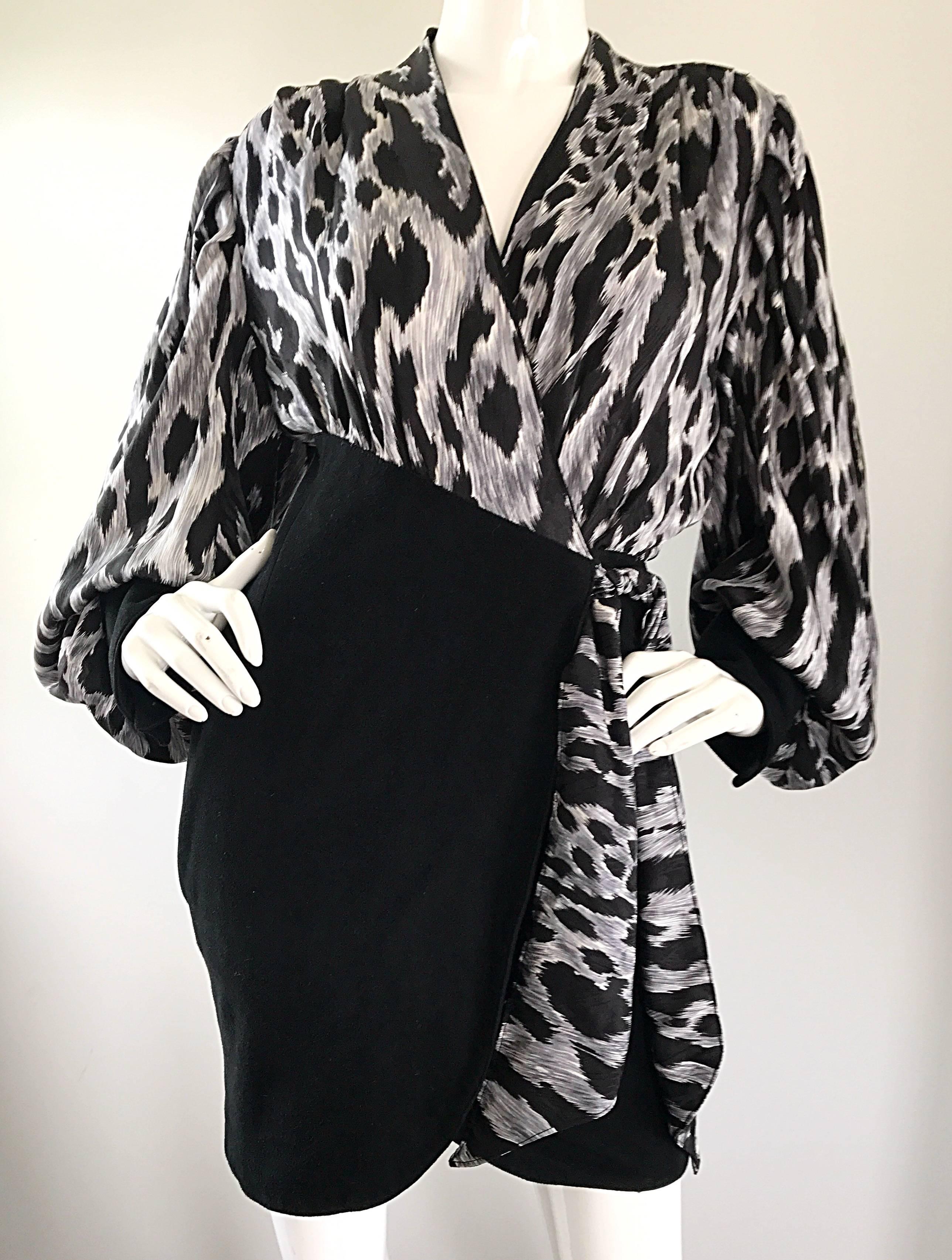 90s Jean Claude Jitrois Black and White Leopard Print Leather + Silk Mini Dress For Sale 1