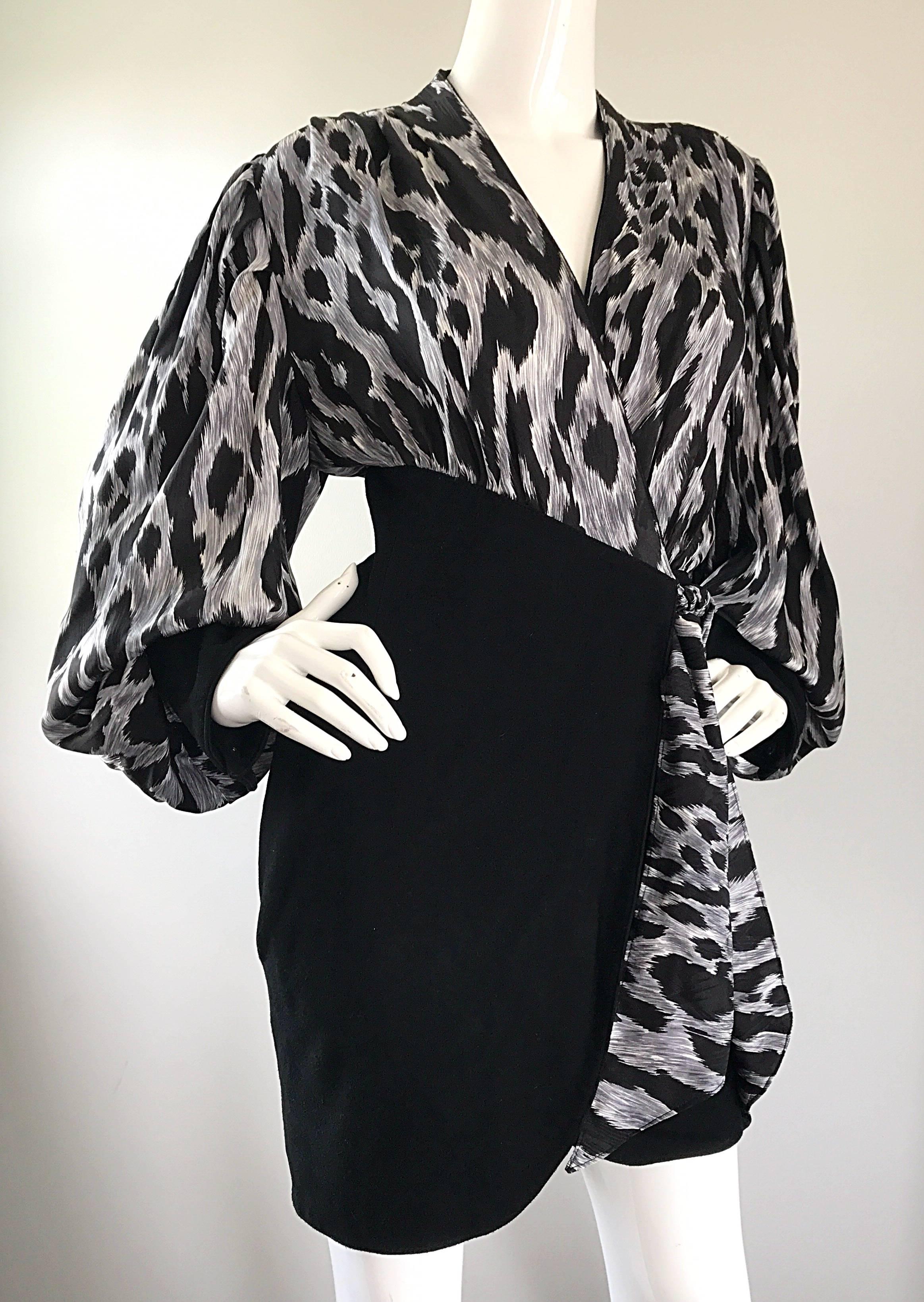 90s Jean Claude Jitrois Black and White Leopard Print Leather + Silk Mini Dress For Sale 2