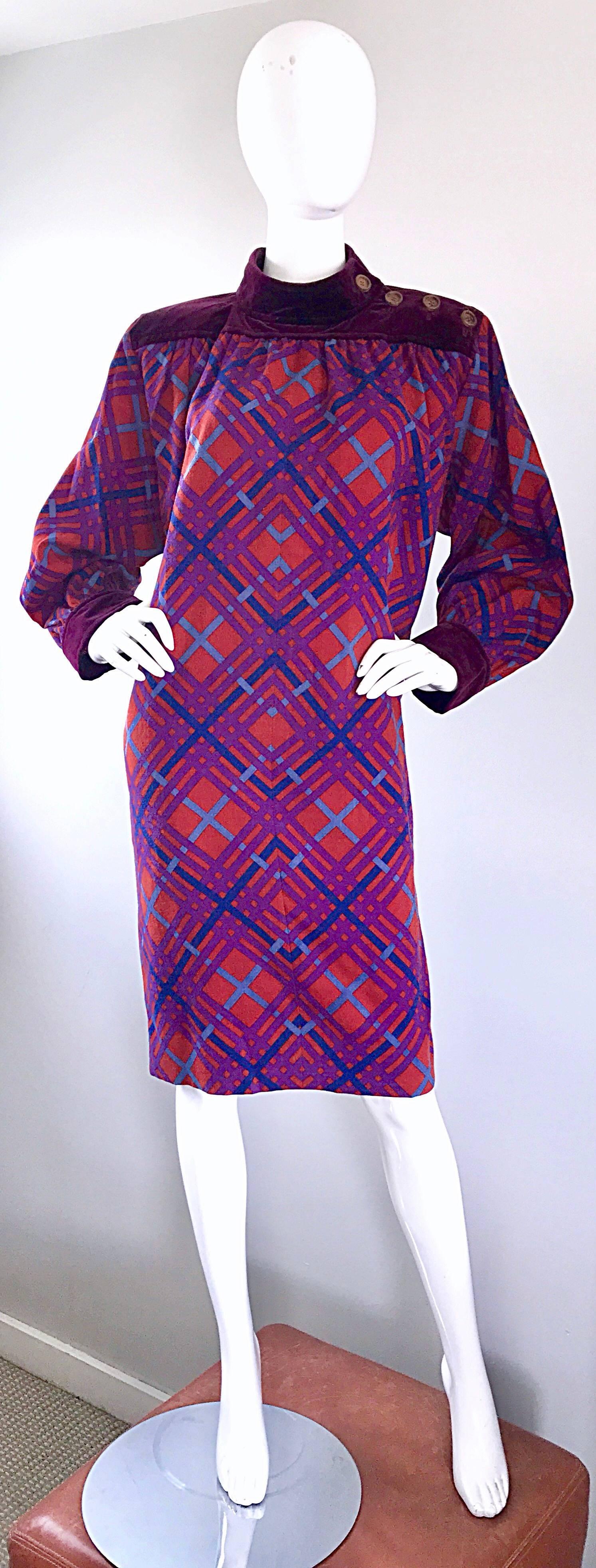Rare and iconic vintage YVES SAINT LAURENT 'Rive Gauche' Russian Collection dress! The 1976 RUssian Collection is Saint Laurent's most iconic collection of all time, and is referenced often. This beauty features a sot virgin wool body, w/ burgundy