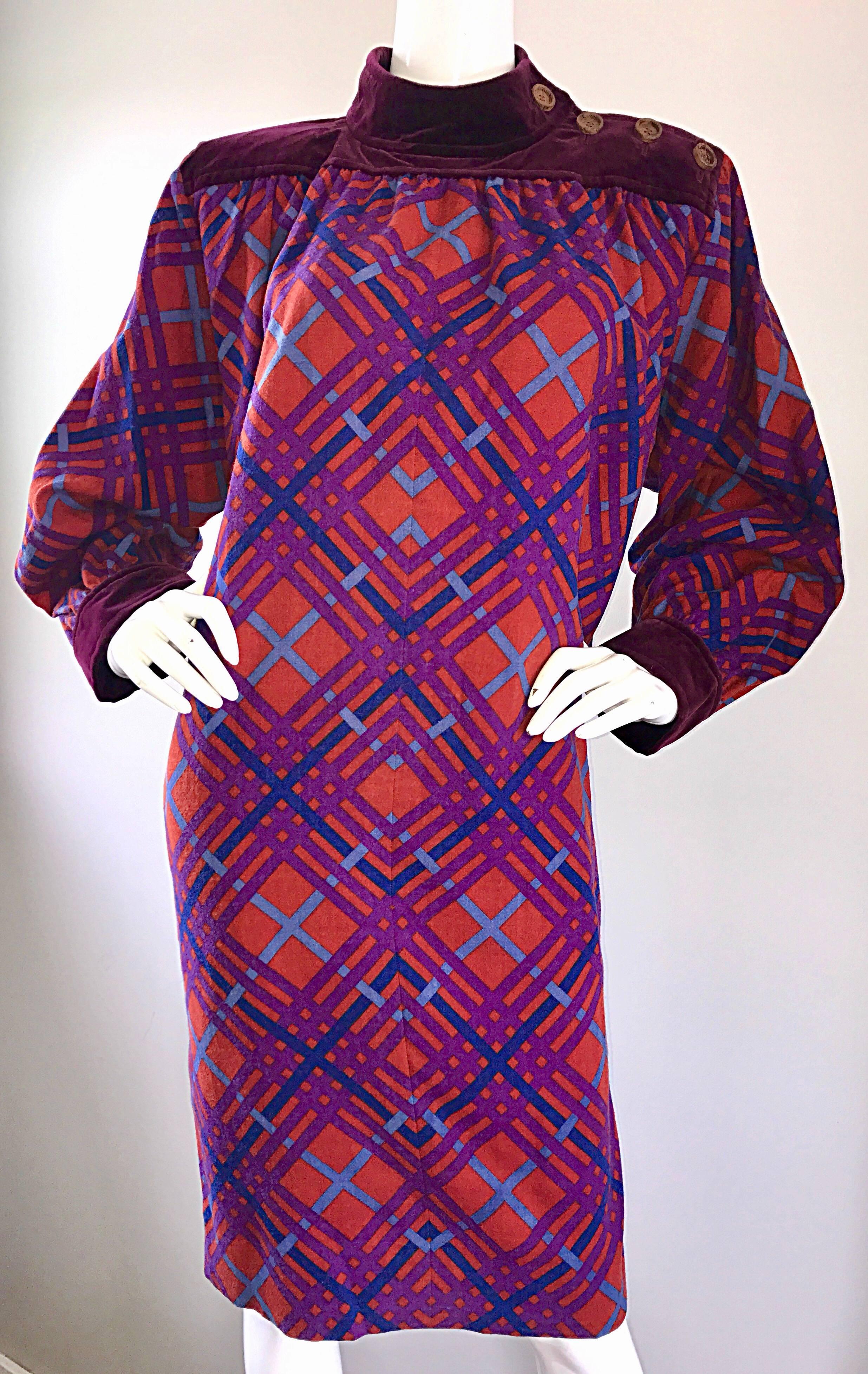 Purple Yves Saint Laurent Vintage Russian Collection 1976 Geometric 70s Dress  For Sale