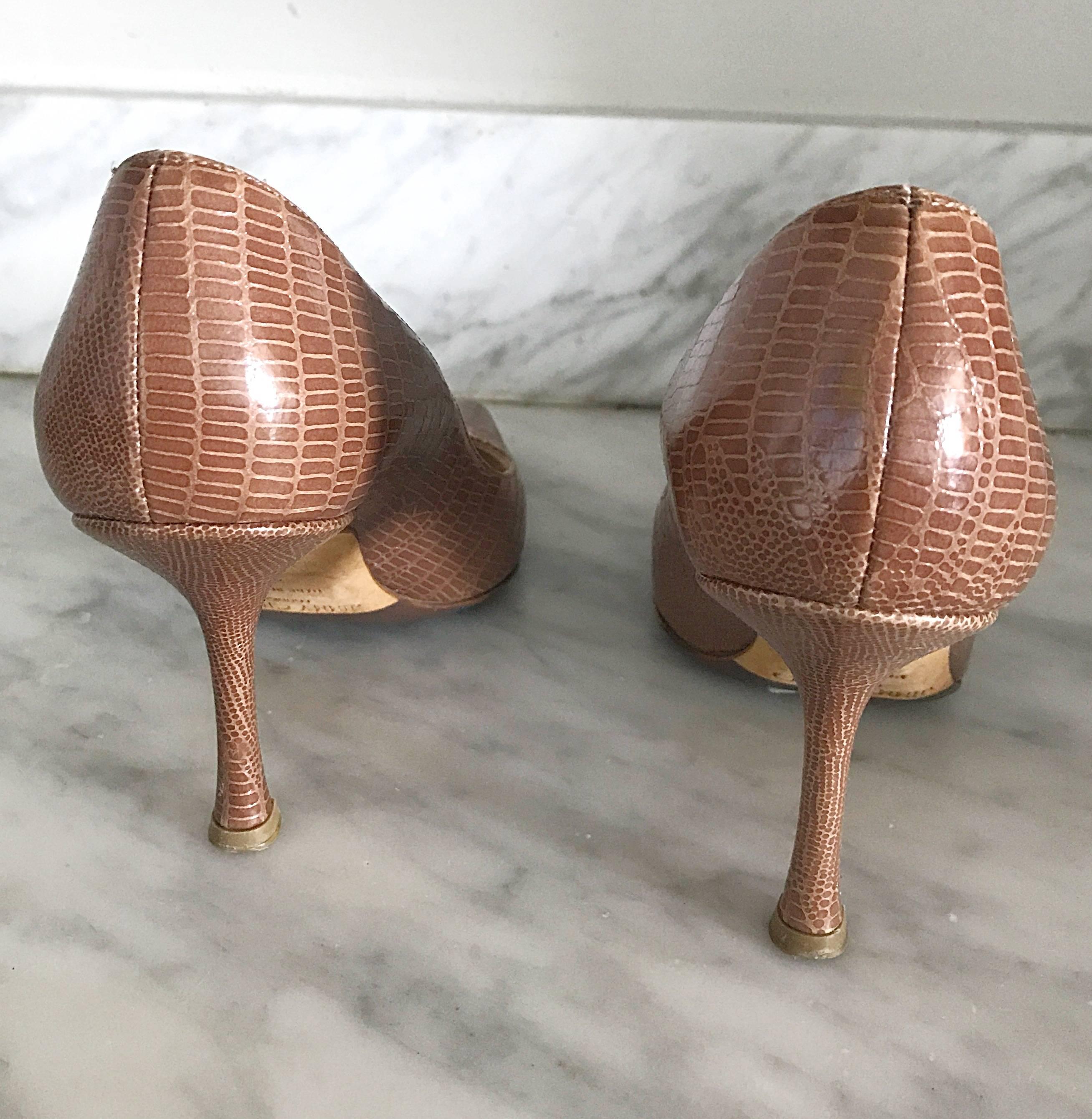 Jimmy Choo Size 36 6 Tan Nude Lizard Embossed Peek-a-Boo Stilettos Heels Shoes In Excellent Condition For Sale In San Diego, CA
