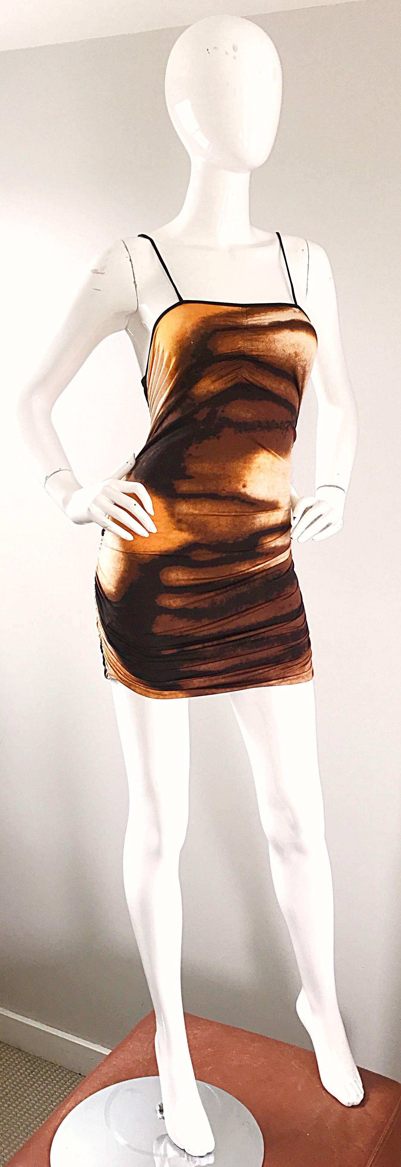 1990s Vivienne Tam Brown + Burnt Orange + Black Abstract Vintage 90s Mini Dress In Excellent Condition In San Diego, CA