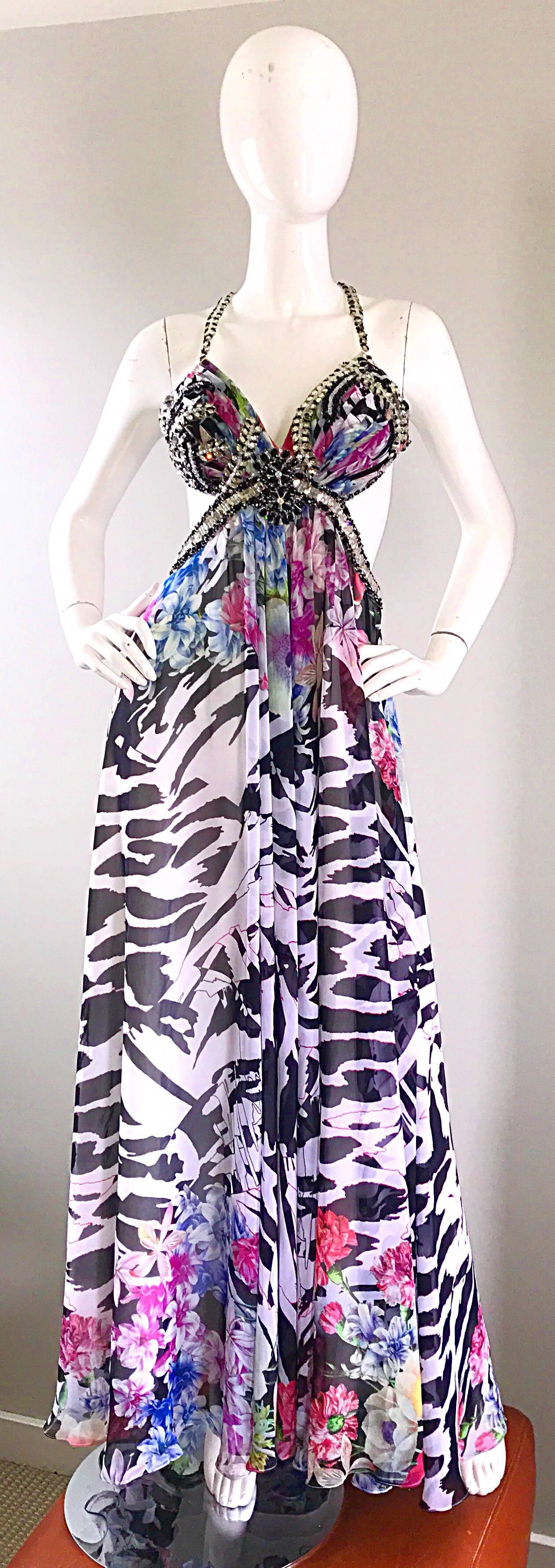 Gray 90s NWT Sexy Zebra Flower Print Sz 4 Chiffon Cut Out Sequin Beaded Vintage Gown