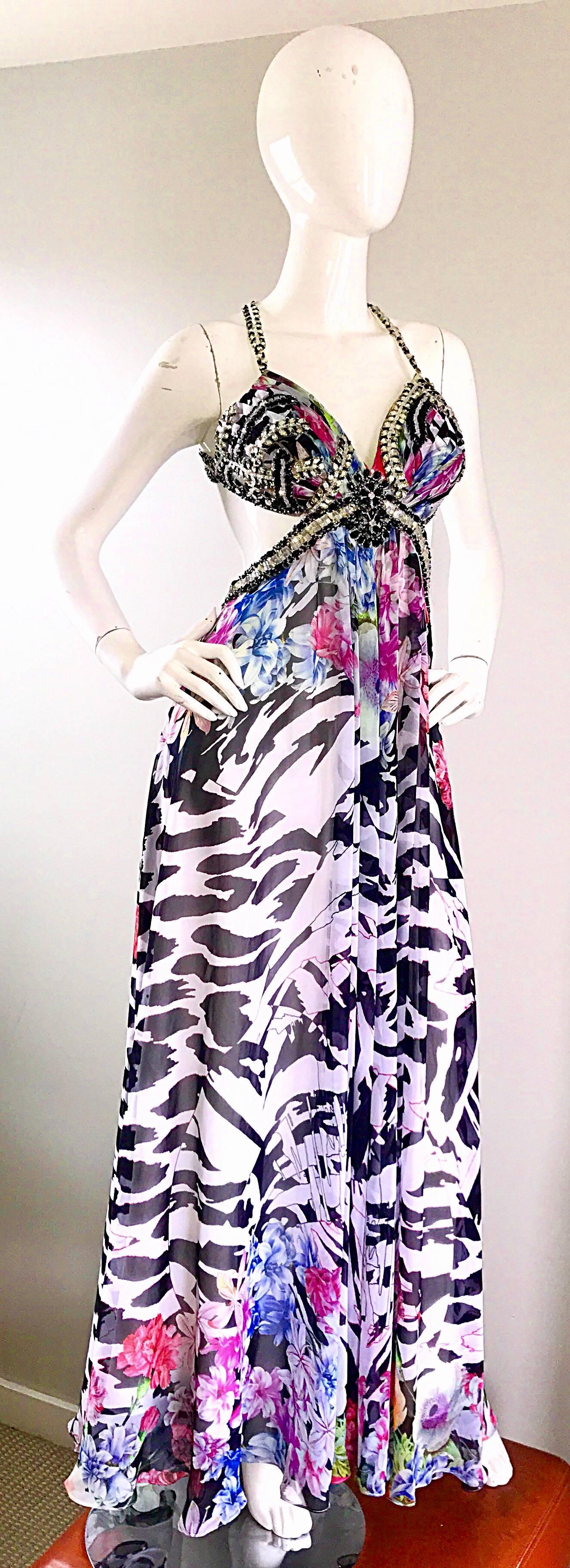 90s NWT Sexy Zebra Flower Print Sz 4 Chiffon Cut Out Sequin Beaded Vintage Gown In New Condition In San Diego, CA