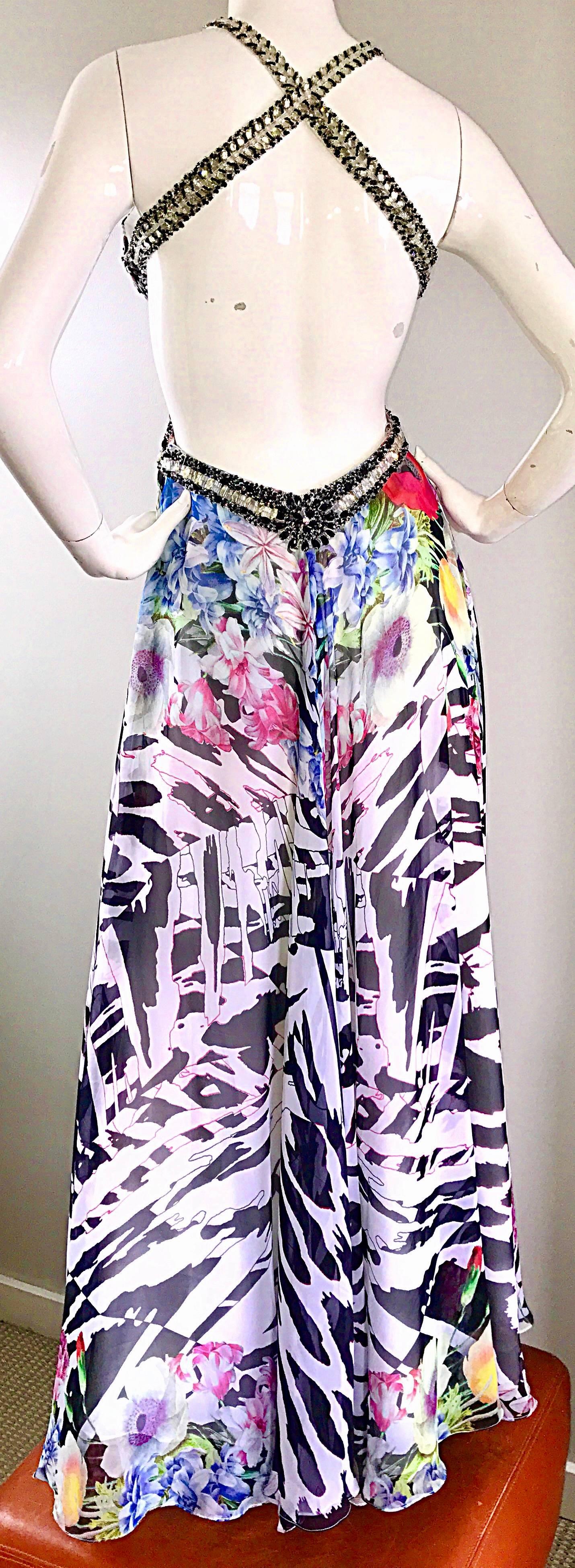 Women's 90s NWT Sexy Zebra Flower Print Sz 4 Chiffon Cut Out Sequin Beaded Vintage Gown