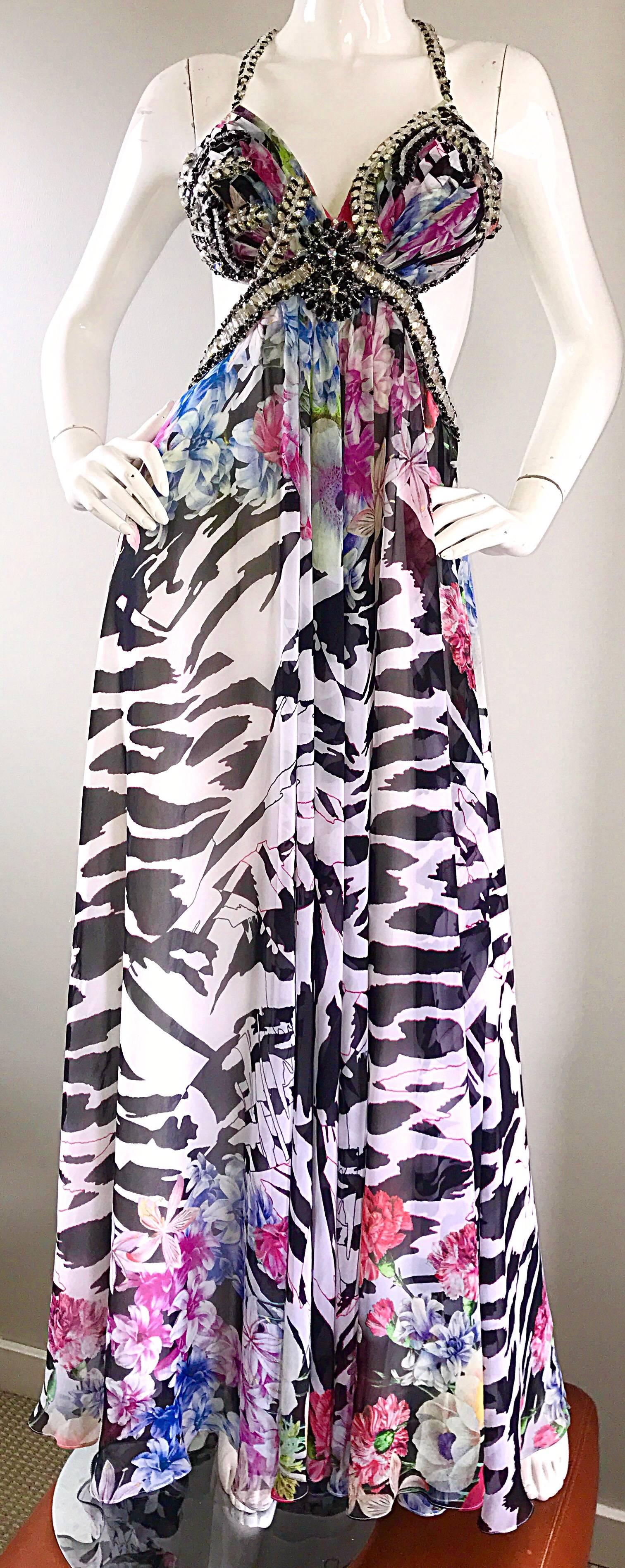 90s NWT Sexy Zebra Flower Print Sz 4 Chiffon Cut Out Sequin Beaded Vintage Gown 1