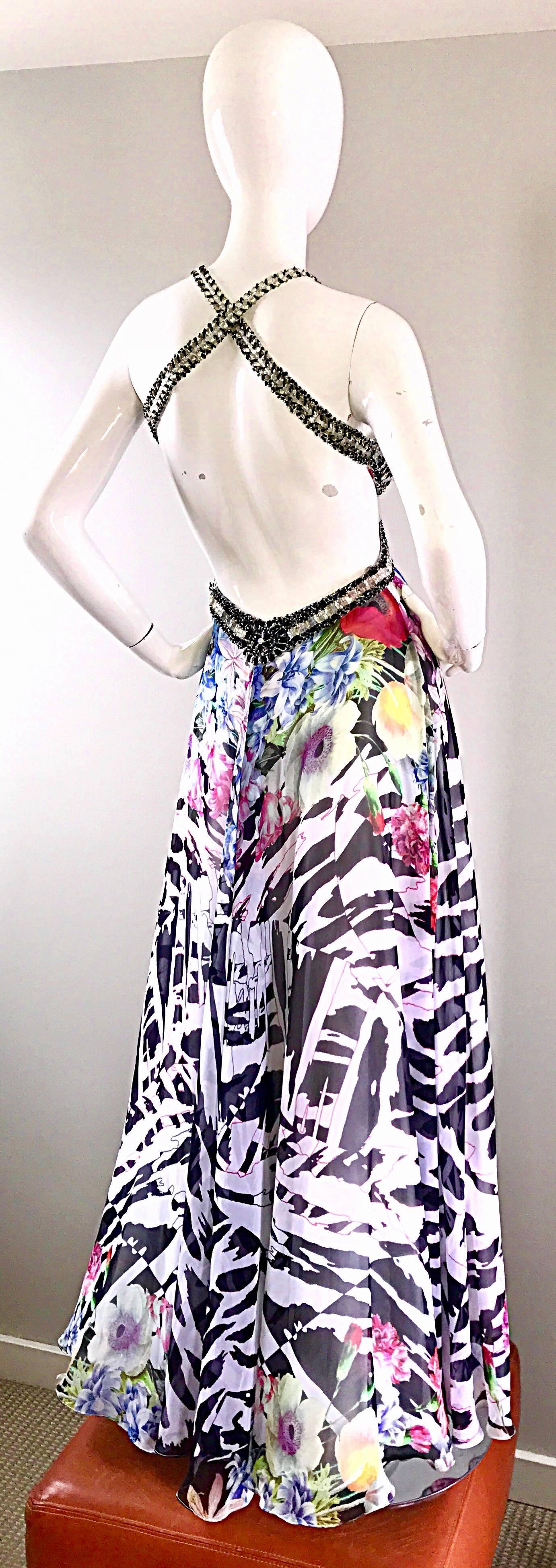 90s NWT Sexy Zebra Flower Print Sz 4 Chiffon Cut Out Sequin Beaded Vintage Gown 4