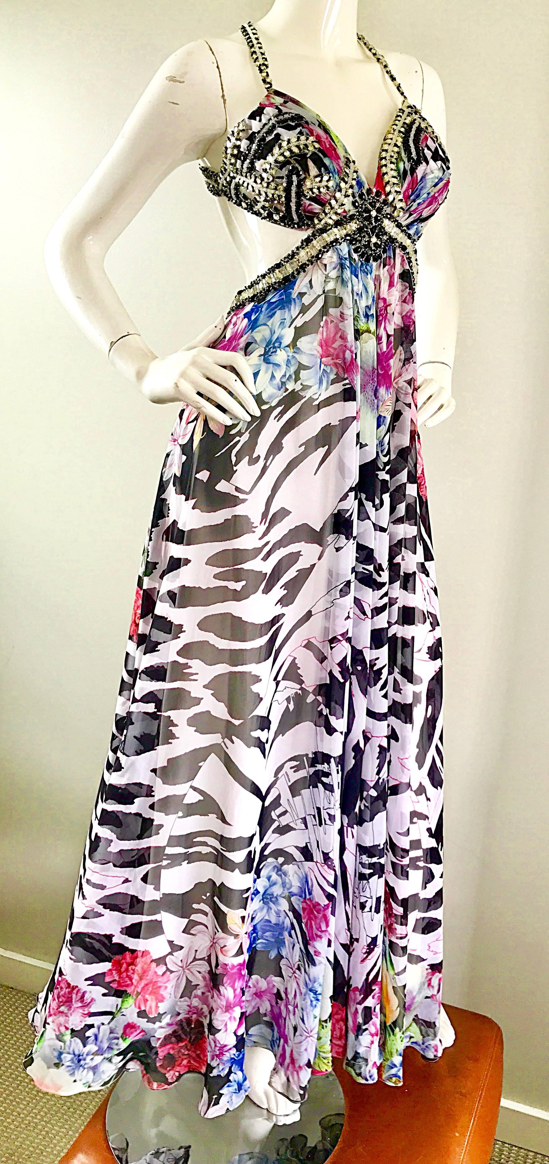 90s NWT Sexy Zebra Flower Print Sz 4 Chiffon Cut Out Sequin Beaded Vintage Gown 3