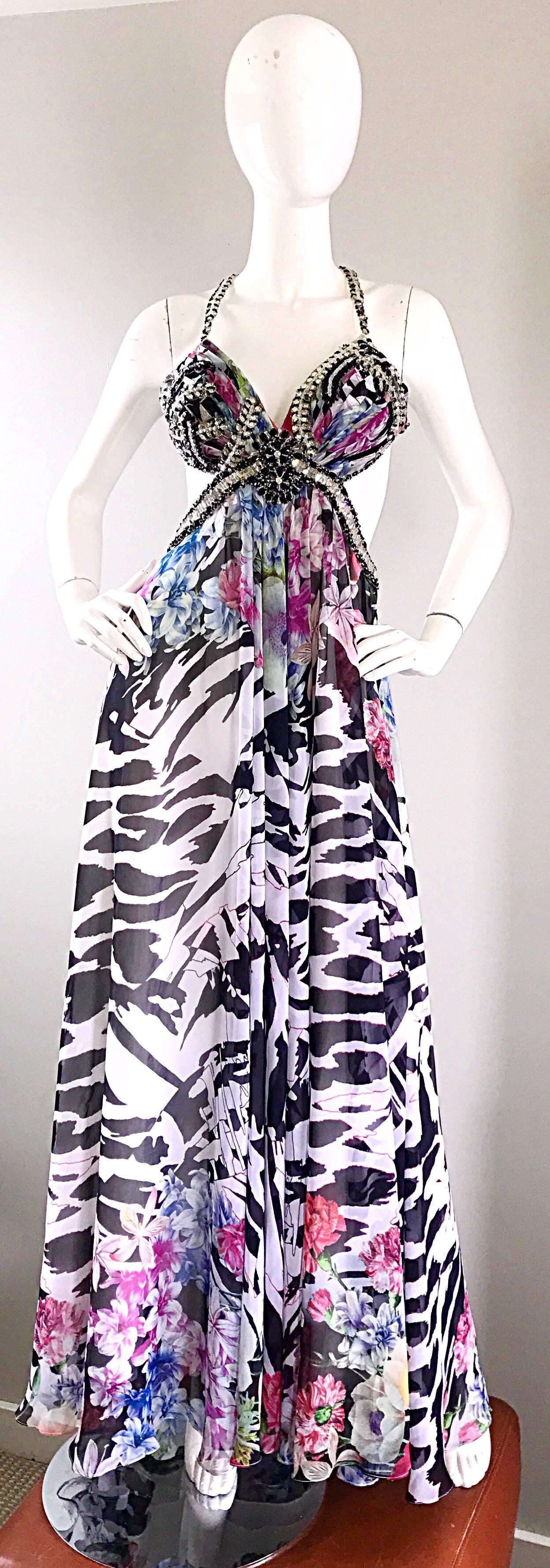 90s NWT Sexy Zebra Flower Print Sz 4 Chiffon Cut Out Sequin Beaded Vintage Gown 5
