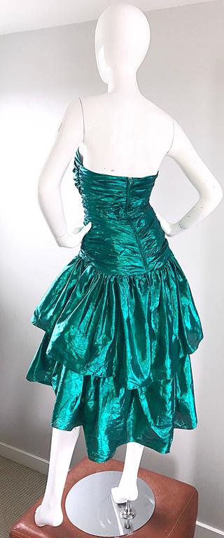 Betsey Johnson 1980s Metallic Green Lame High Low Vintage 80s Strapless  Dress