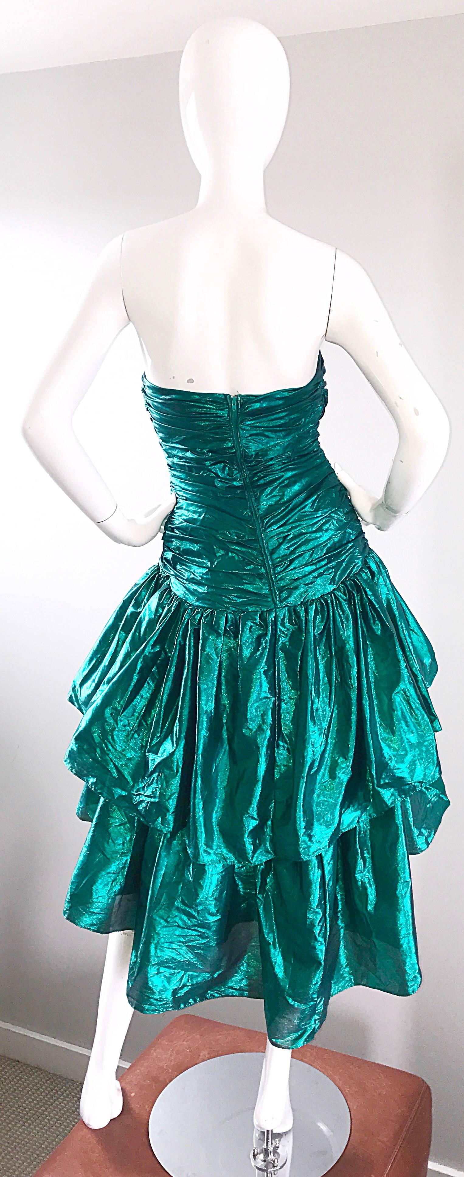 Women's Betsey Johnson 1980s Metallic Green Lame High Low Vintage 80s Strapless Dress