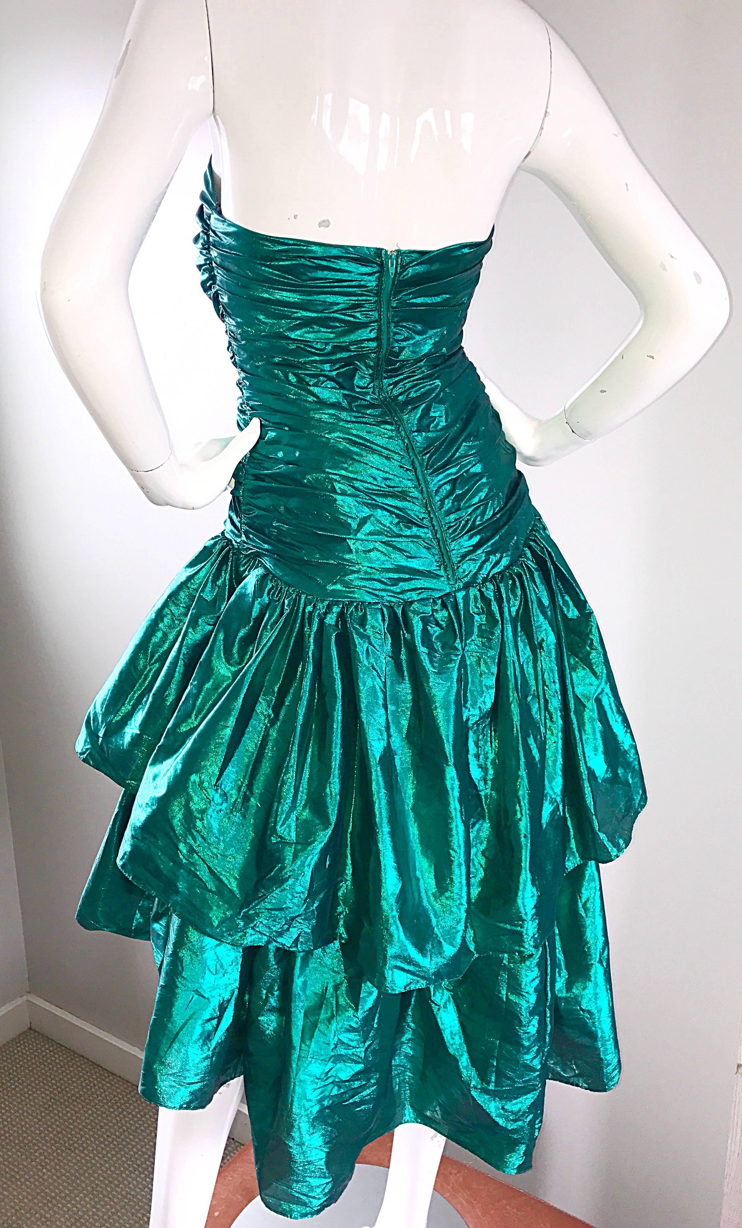 Betsey Johnson 1980s Metallic Green Lame High Low Vintage 80s Strapless Dress 1