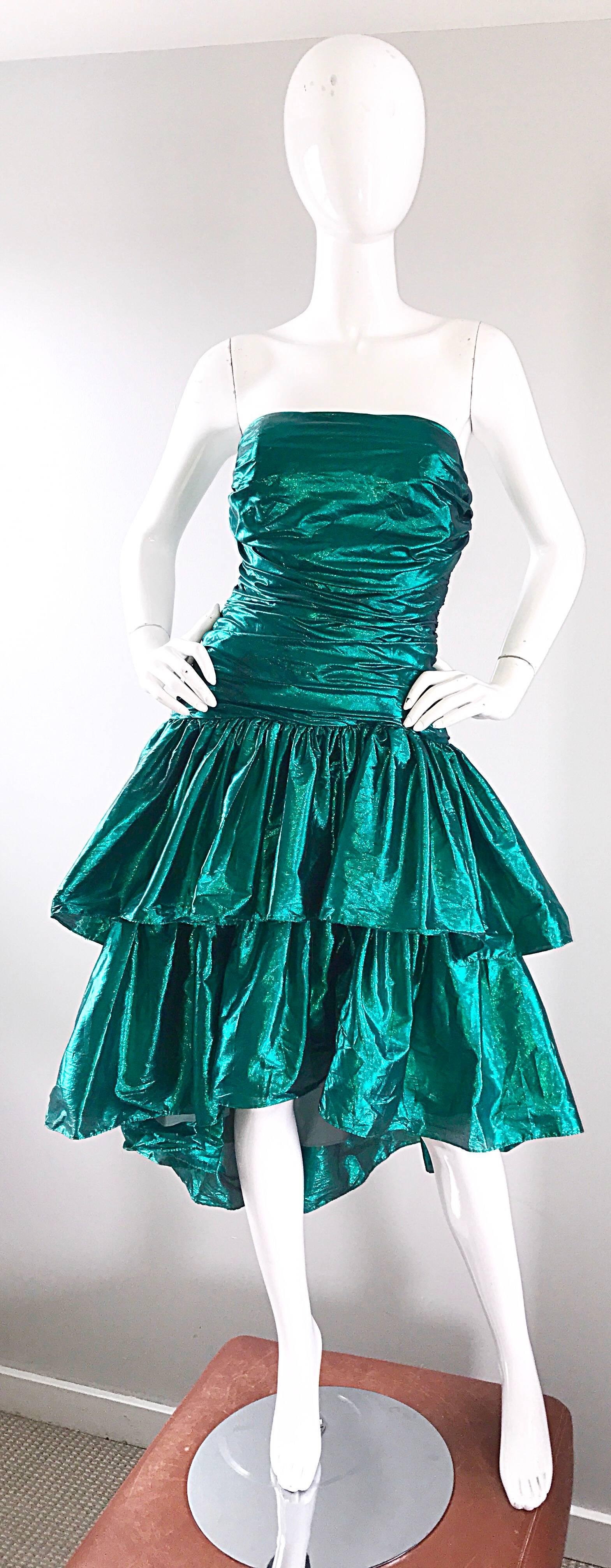 Betsey Johnson 1980s Metallic Green Lame High Low Vintage 80s Strapless Dress 2